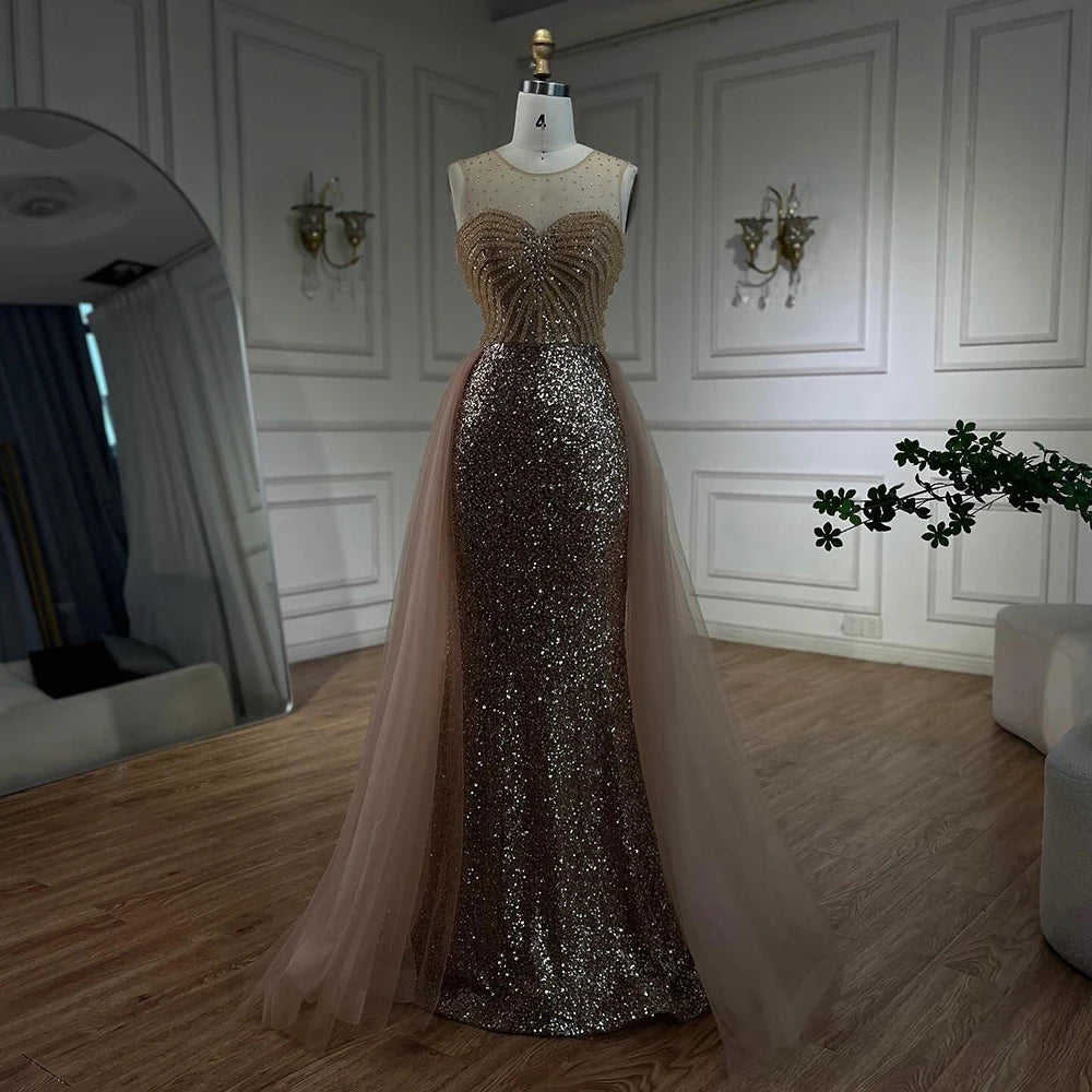 Sparkling Crystal Gold Evening Gown with Detachable Overskirt LA72588 - Elegant Prom Dress for Formal Events & Wedding Parties