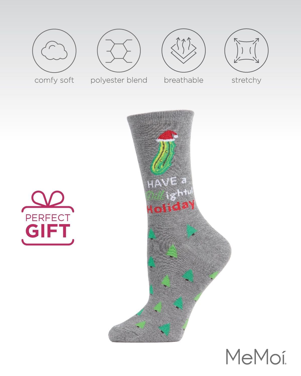 MeMoi Women's Dill-ightful Holiday Crew Socks - Festive Christmas Socks for Women - Cozy & Comfortable for Winter, Gift Giving & Holiday Parties