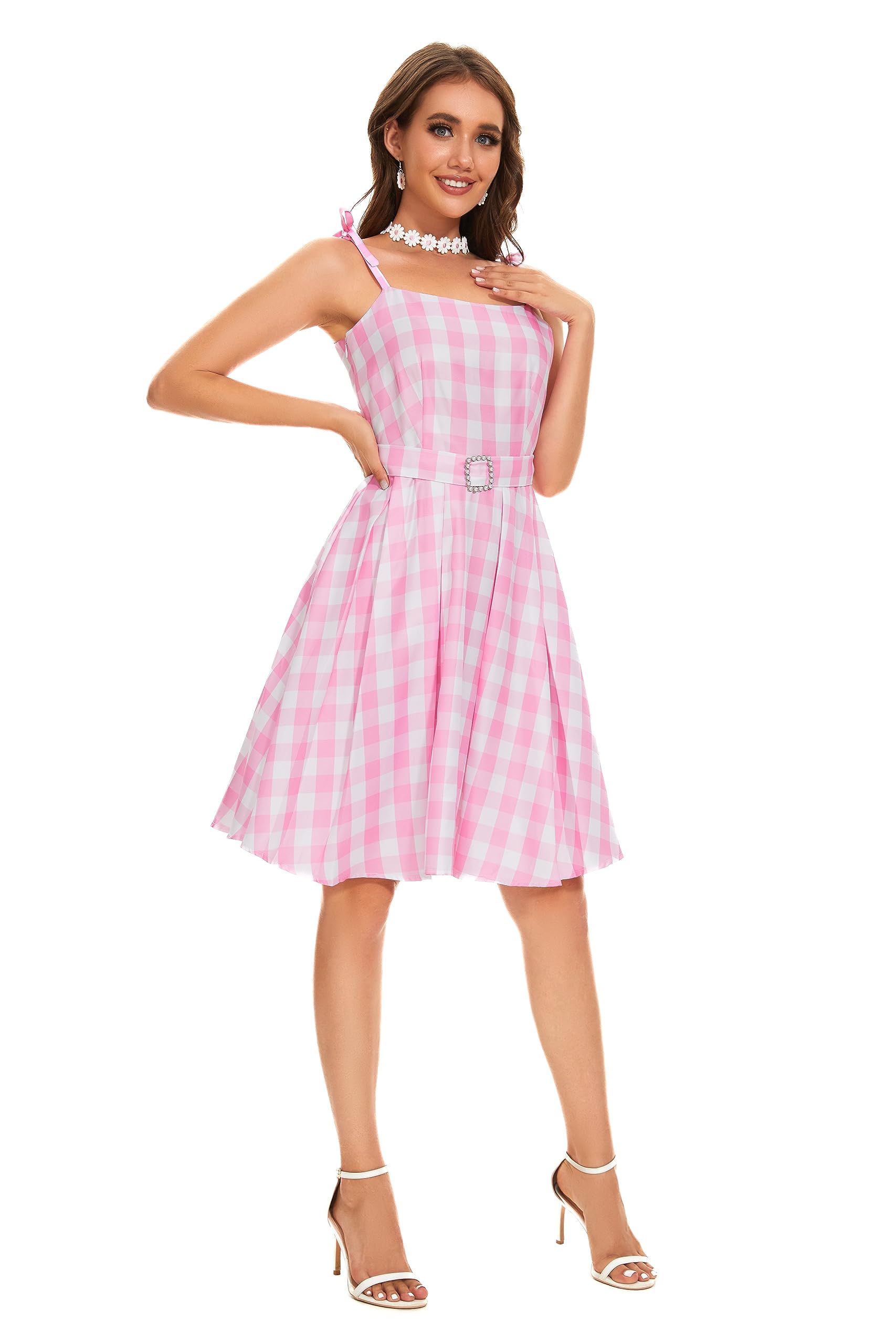 AYYOHON Women's Pink Plaid Dress with Skirt, Hair Bow, Daisy Necklace & Earrings Set - Halloween 2023 Cosplay Costume for Parties, Anime Conventions & Themed Events