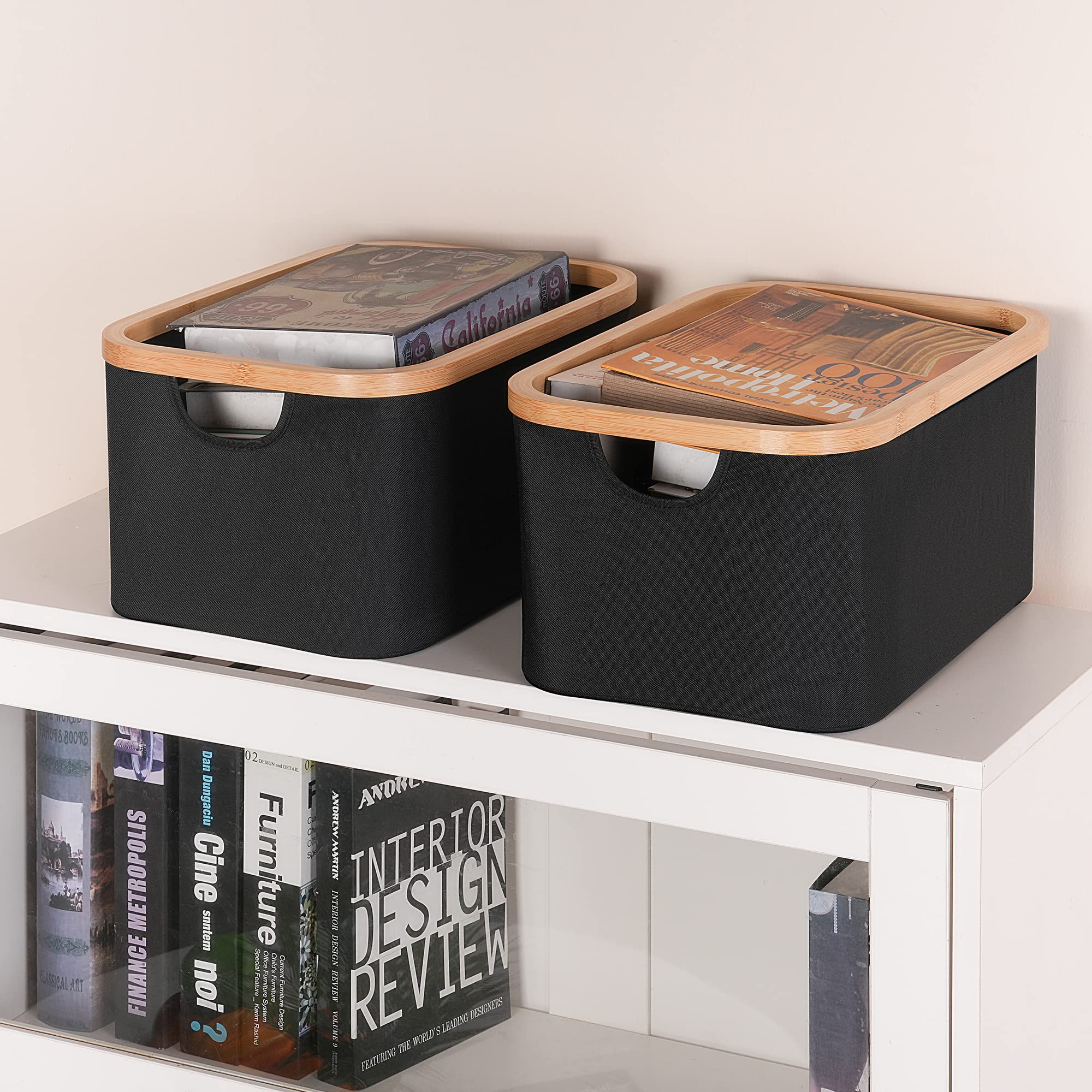 Collapsible Fabric Storage Baskets with Bamboo Handles - Set of 2 Black Organizing Bins for Shelves, Closet & Home Organization - Perfect for Bedroom, Nursery & Laundry Room Storage