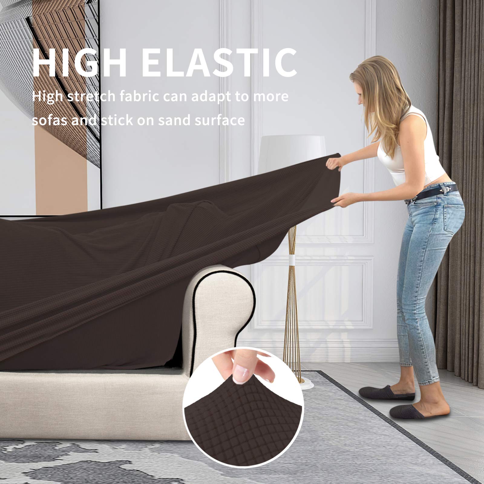 4-Piece Stretch Sofa Cover for Dogs & Pets - Washable Elastic Couch Slipcover Fits 3-Cushion Couches - Spandex Jacquard Fabric Protector for Furniture (Chocolate) - Perfect for Pet Owners & Families with Kids