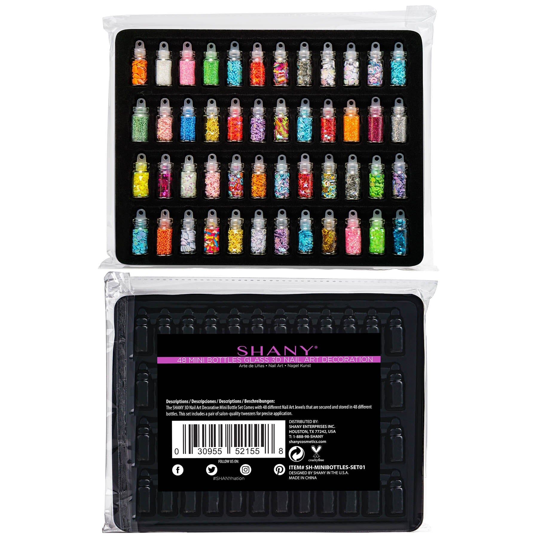 3D Nail Art Decoration Mini Glass Bottles Set - 48 Pieces with Free Nail Art Tweezer for DIY Manicure, Nail Salon & Home Decoration