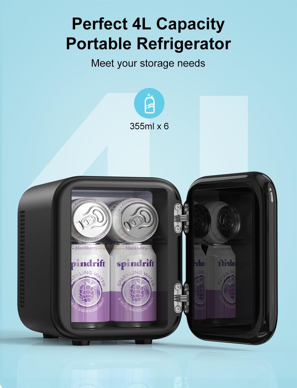 CROWNFUL 4L/6 Can Mini Fridge - Portable Skincare Cooler & Warmer with AC/12V DC Power for Bedroom, Car, Dorm & Office - Compact Personal Refrigerator for Food, Drinks & Beauty Products - ETL Certified Black