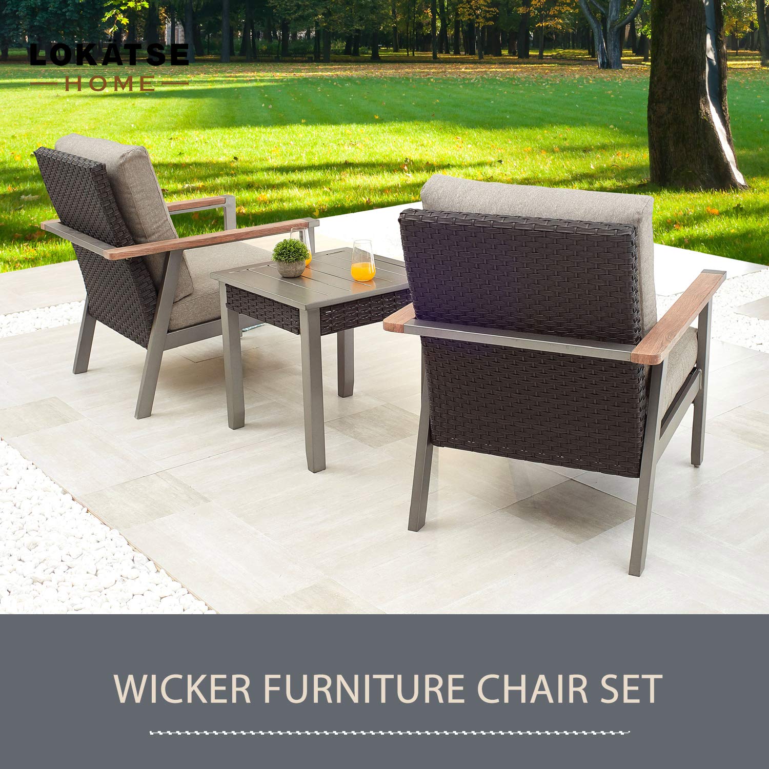 LOKATSE HOME 3-Piece Patio Furniture Set - Wicker Rattan Chairs with Coffee Table, Metal Frame & Cushions for Outdoor Dining - Dark Grey Bistro Set for Backyard, Porch, Balcony, Garden or Poolside Relaxation