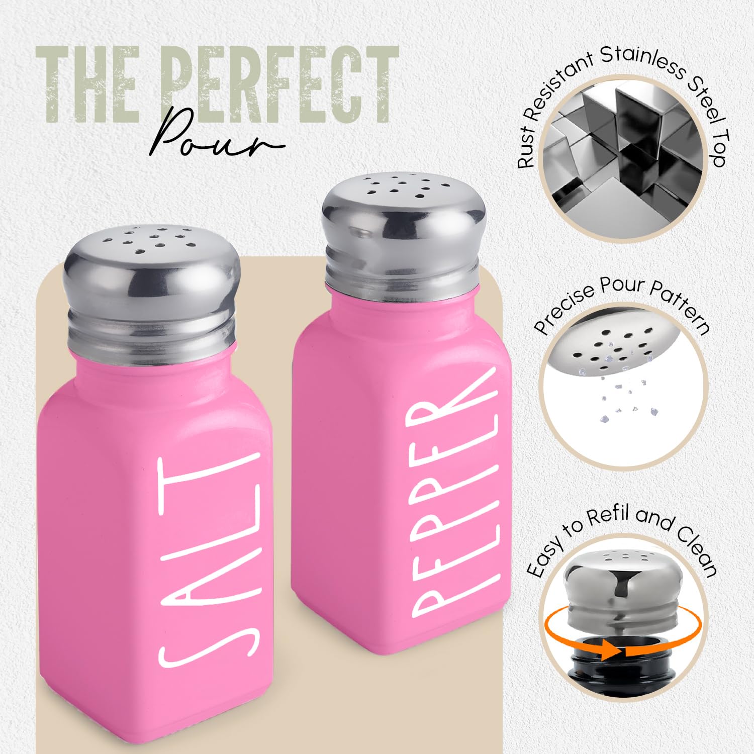 Brighter Barns Pink Salt and Pepper Shakers Set - Premium Glass Shakers with Stainless Steel Lids - Elegant Kitchen Accessories & Home Decor for Restaurants, Weddings, and Housewarming Gifts - Perfect for Dining Tables, Kitchen Countertops, and Gift Giving