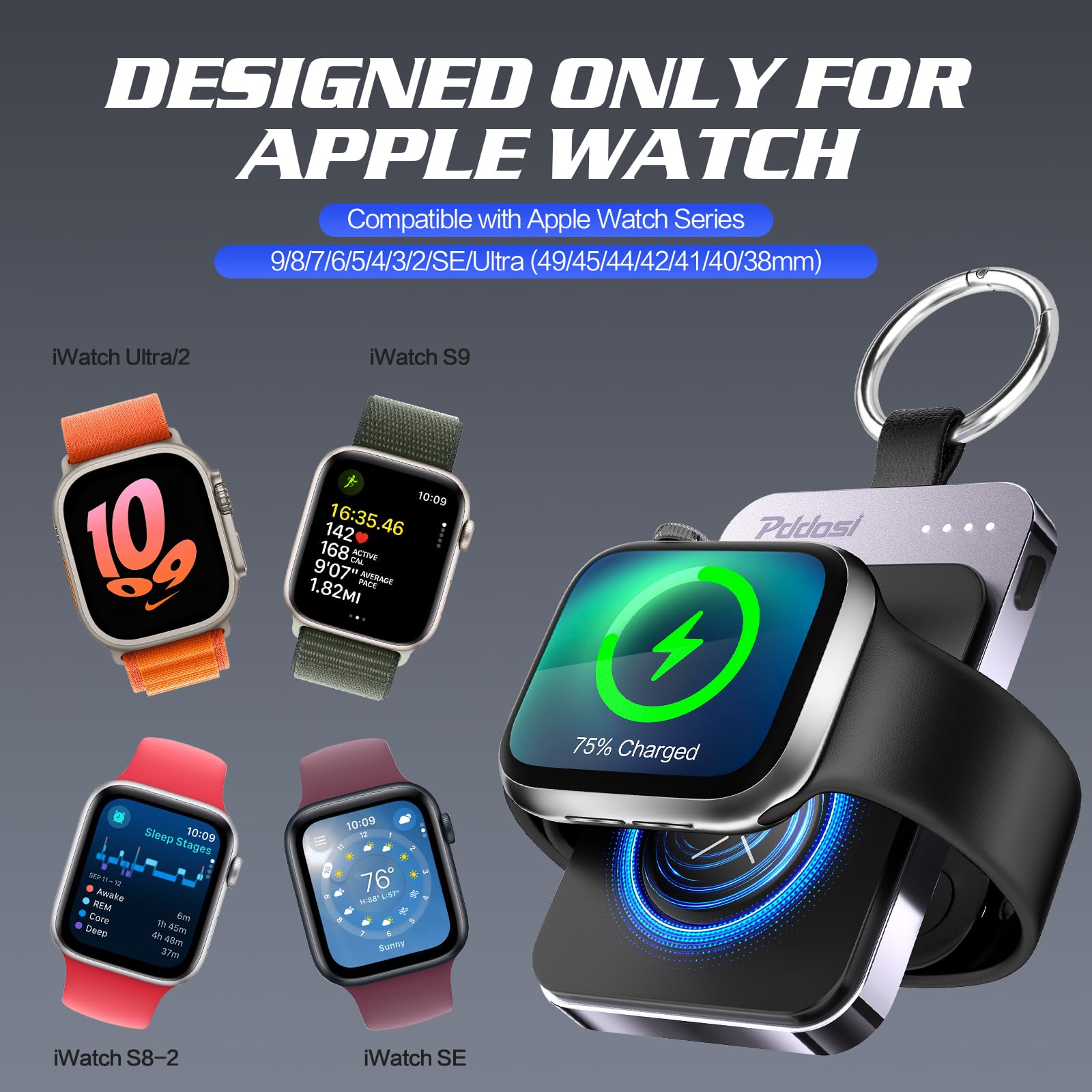 Portable Magnetic Charger for Apple Watch Series 10/9/8/7/6/5/4/3/2/SE/Ultra - 1500mAh Wireless Travel Charger with Keychain (Black) | Perfect for Gym, Travel & Everyday Use