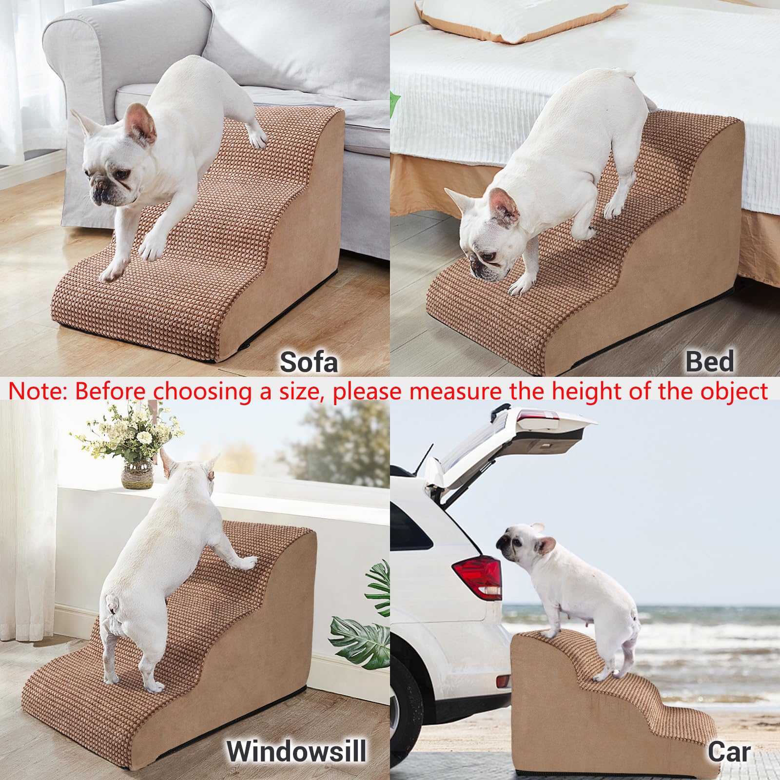 Ryoizen 3-Tier Non-Slip Dog Stairs for Small Dogs & Puppies - High Density Foam Pet Steps for High Beds & Couches - Perfect Dog Ladder with Bonus Lint Roller (Tan Brown) - Ideal for Elderly Pets, Injured Dogs & Home Use