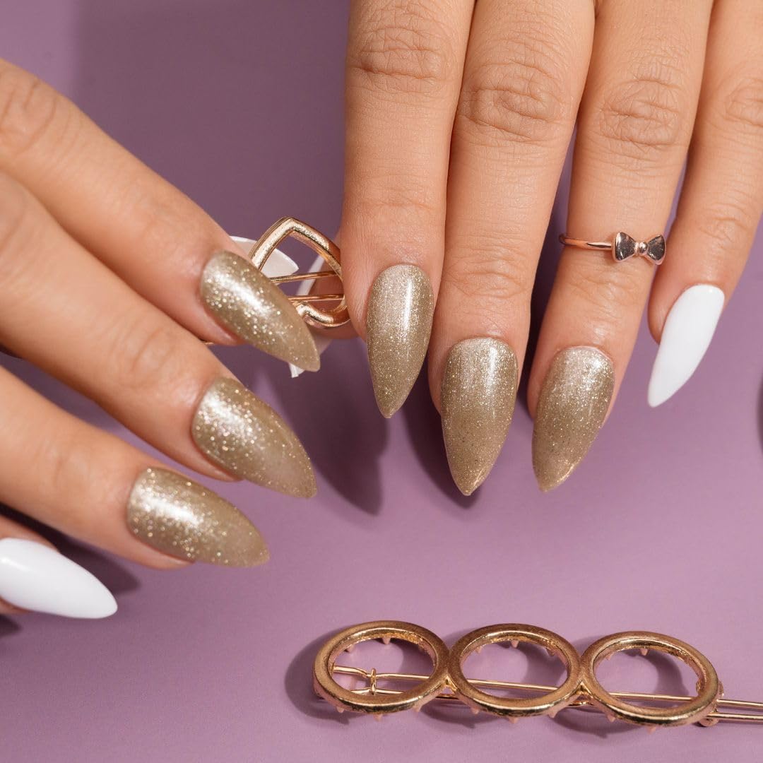 Premium Fake Press-On Nails - White & Gold Classic Set of 20 | Reusable Full Coverage Artificial Nails with UV Gel Polish Coating | Easy to Apply Stick-On Nails for Manicures | Perfect for Weddings, Parties, Date Nights & Everyday Wear | Nail Extensions for Both Hands