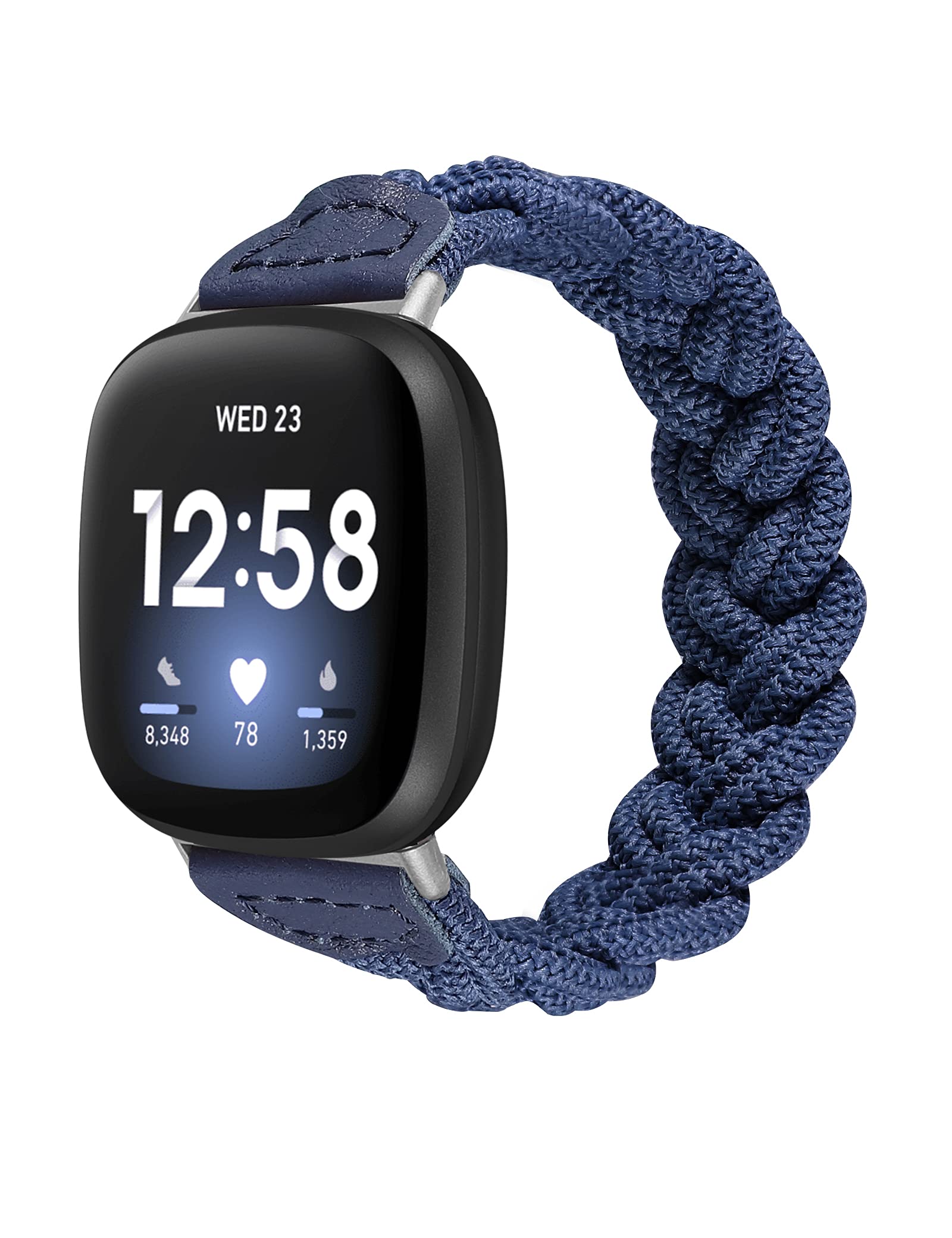 Elastic Braided Solo Loop Strap for Fitbit Sense/Sense 2/Versa 3/Versa 4 - Slim Stretchy Woven Wristband Accessory for Women - Navy Blue Size S - Perfect for Workouts, Running & Daily Wear