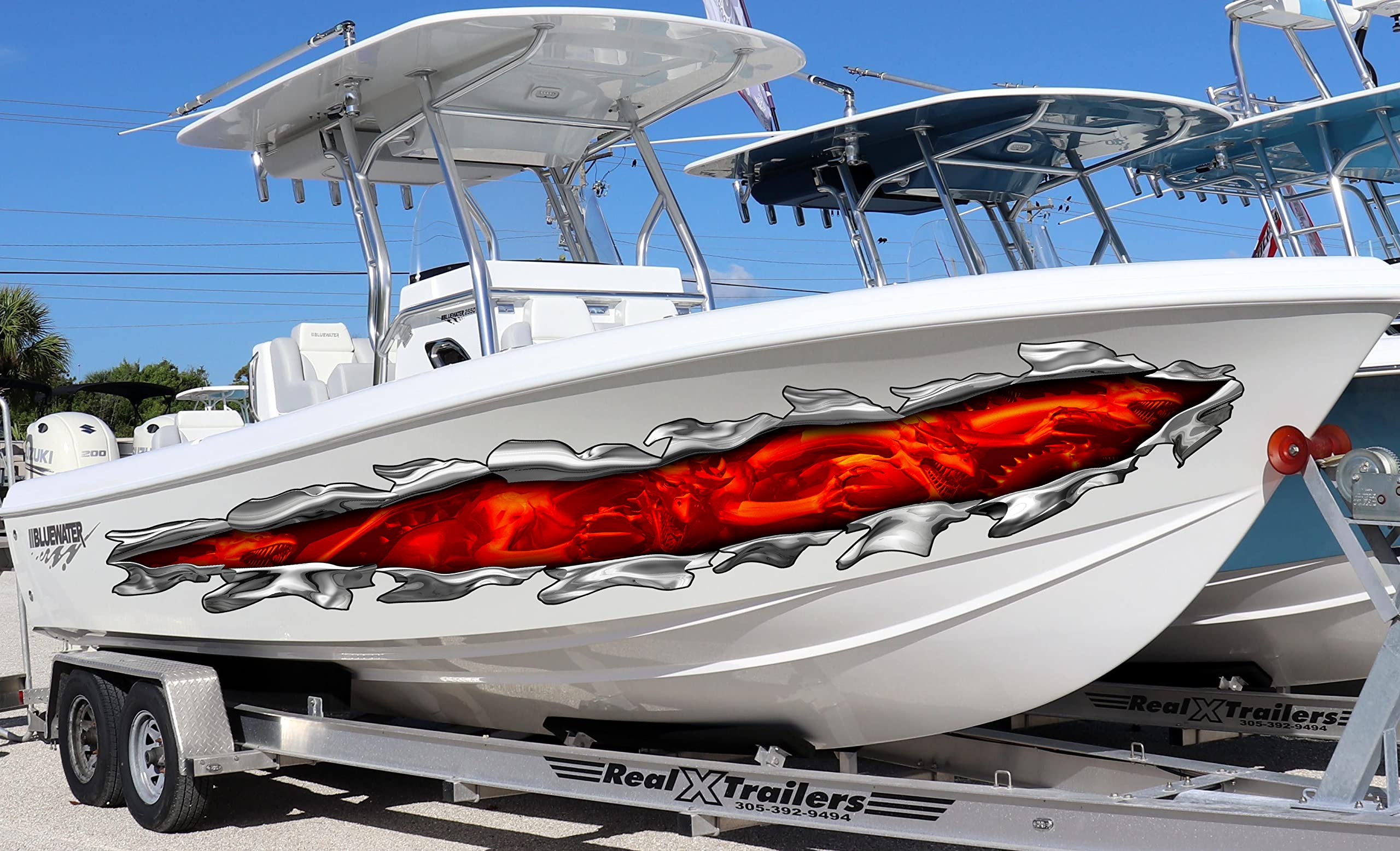 Flames Dragons Boat Vinyl Wrap - Red Ripped Metal Full Color Watercraft Design | Premium Boat Stickers & Graphics (15x90) for Speed Boats, Yachts, and Jet Skis - Perfect for Racing, Customization, and Marine Decoration