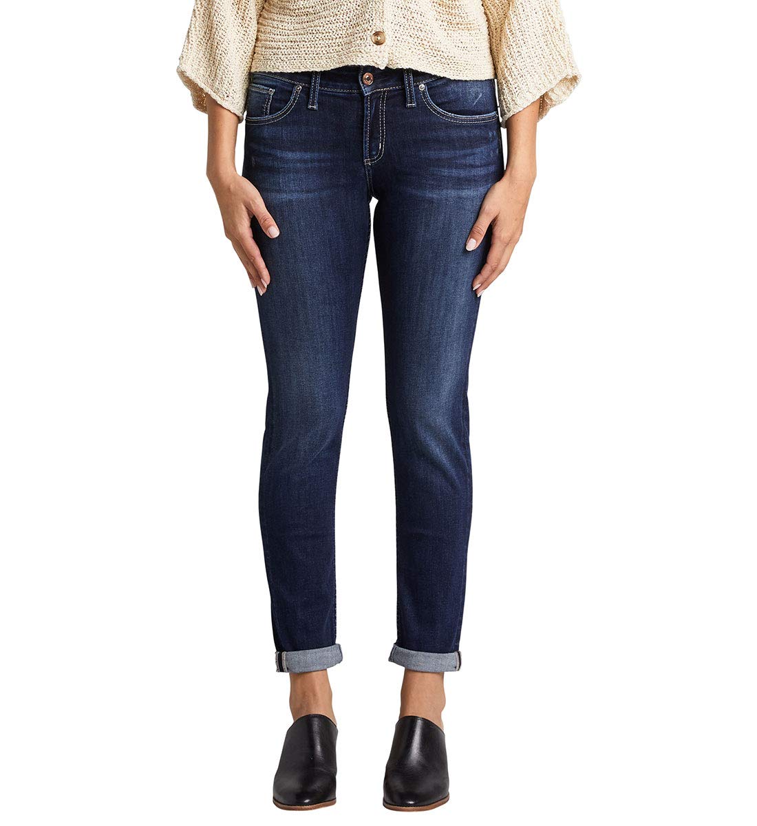 Silver Jeans Co. Women's Boyfriend Mid Rise Slim Leg Jeans - Comfortable Stretch Denim Pants for Casual Wear & Everyday Outfits