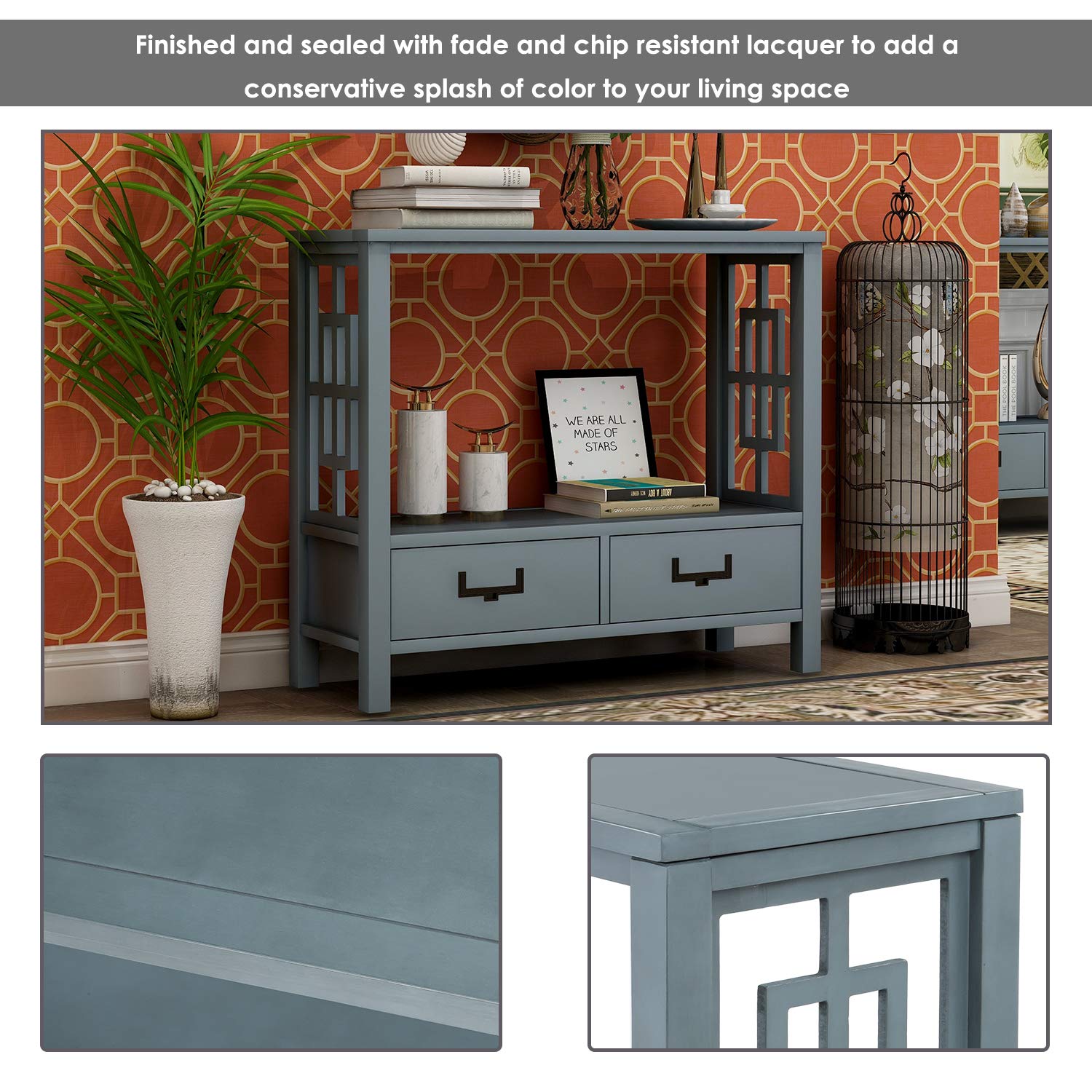 Farmhouse Narrow Console Table with Two Drawers & Shelf - Antique Navy Sofa Table for Entryway, Hallway, Living Room - Rustic Iron Knobs & Unique Cut-Out Design - Perfect for Small Spaces & Home Decor