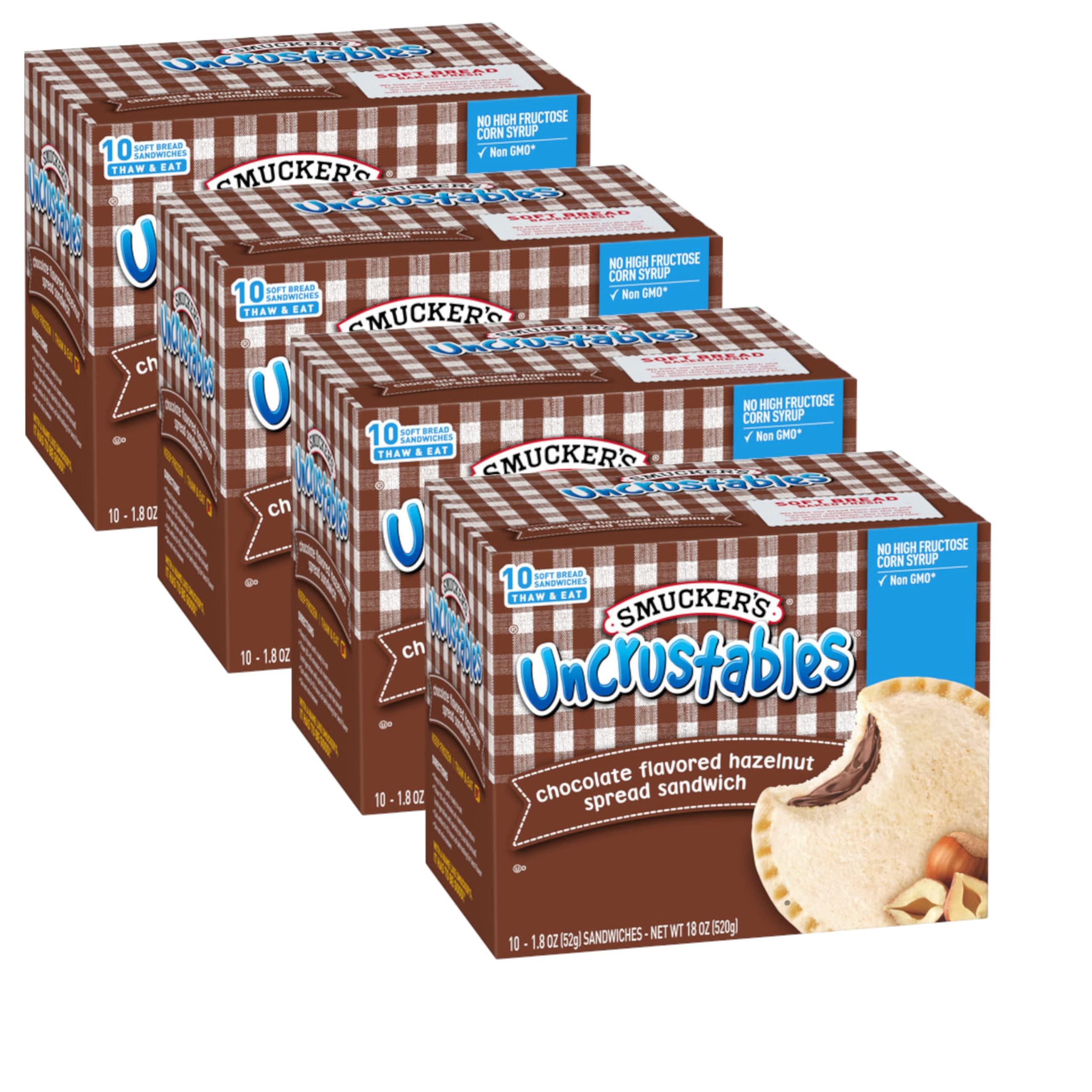Smucker's Uncrustables Frozen Chocolate Hazelnut Spread Sandwiches - No High Fructose Corn Syrup, Non-GMO, 6g Protein per Serving (10ct x 4 Packs) - Perfect for School Lunches, Quick Snacks & On-the-Go Meals