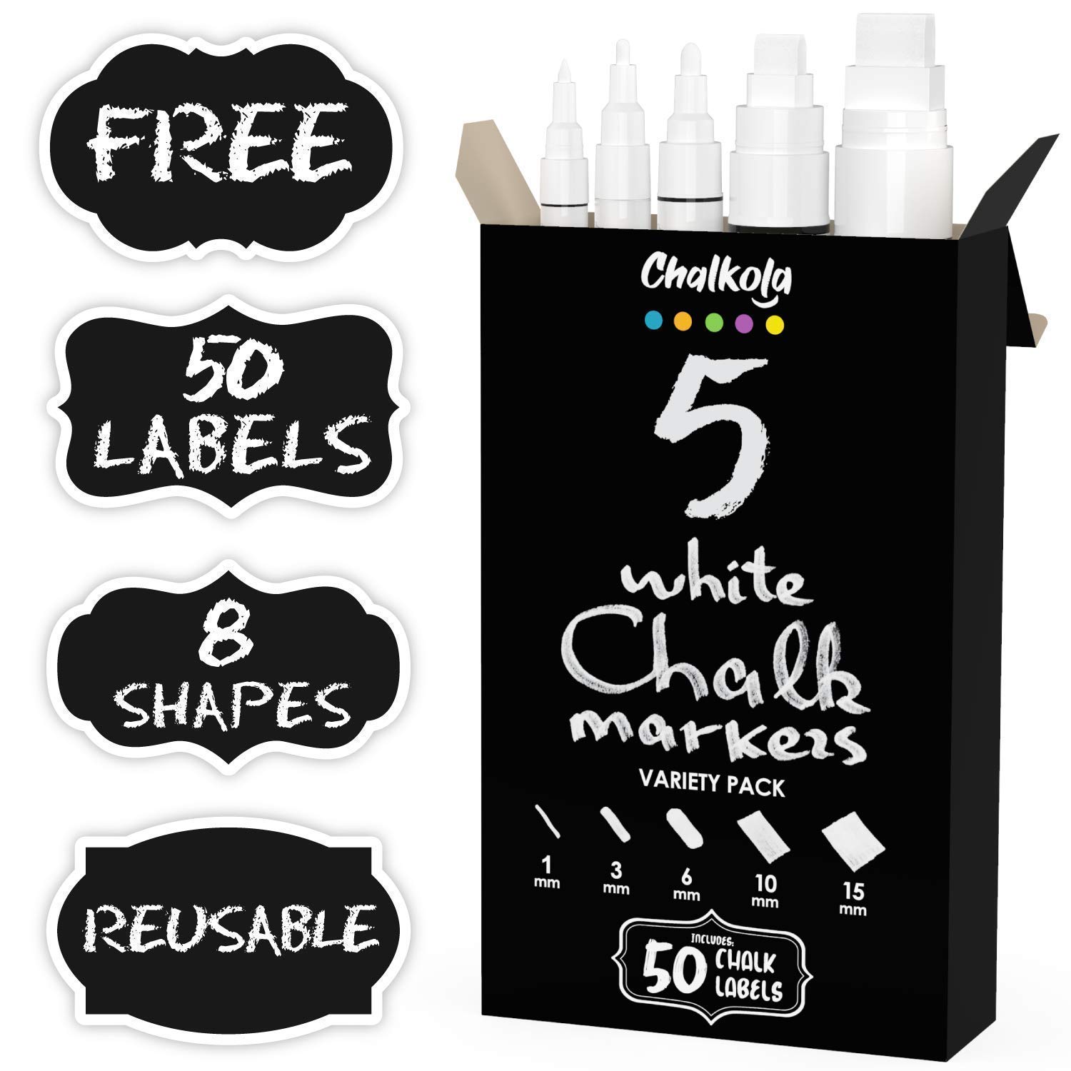 Chalkola 10-Pack Dual Tip White & Black Chalk Markers with 10 Metallic Markers - 6mm Fine Point for Glass, Chalkboards, Windows, and DIY Crafts
