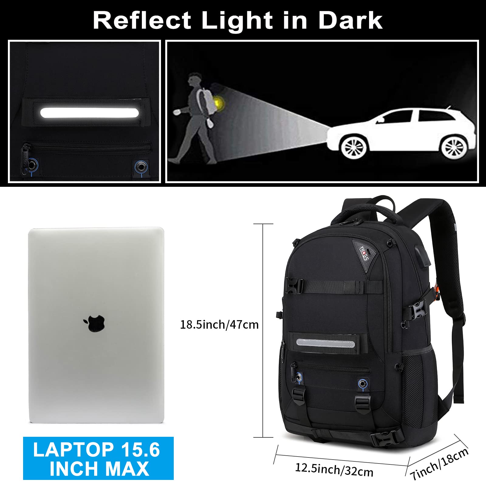 Skateboard Backpack for Men - Waterproof Laptop Backpack with USB Charging Port & RFID Anti-Theft Lock - Fits 15.6 Inch Laptop - Perfect for Business Travel, Commuting, and Outdoor Activities (Black)