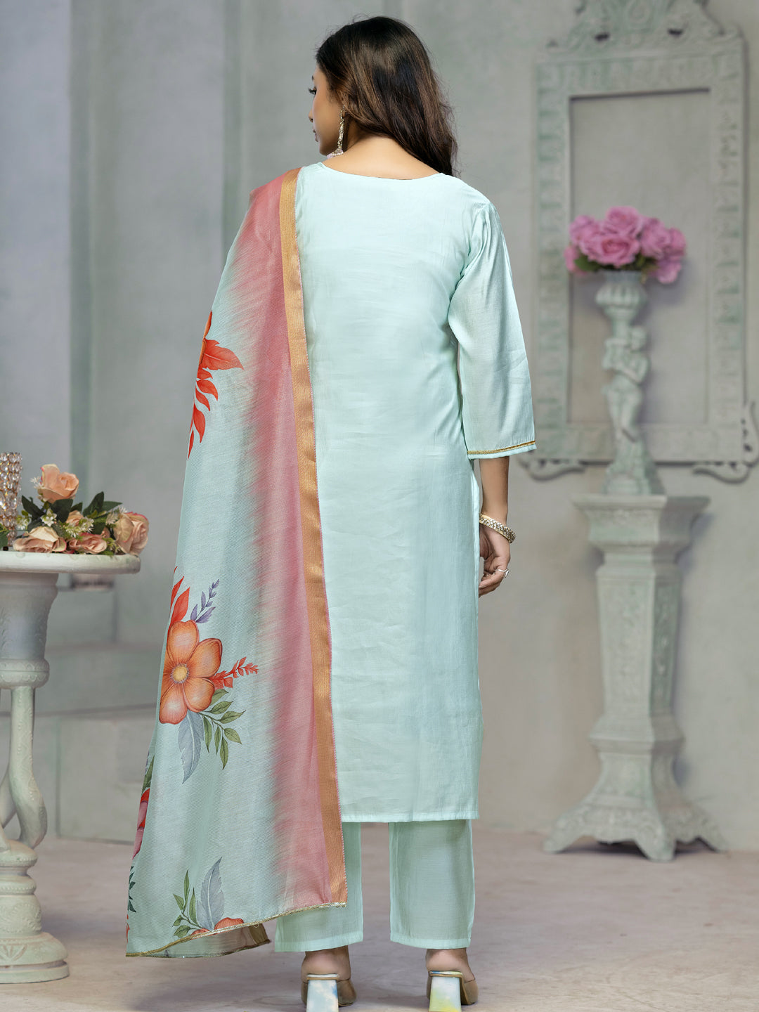 Blue Designer Ready-Made Pant Suit with Printed Embroidery Work - Elegant Women's Formal Wear for Weddings, Parties & Office Events