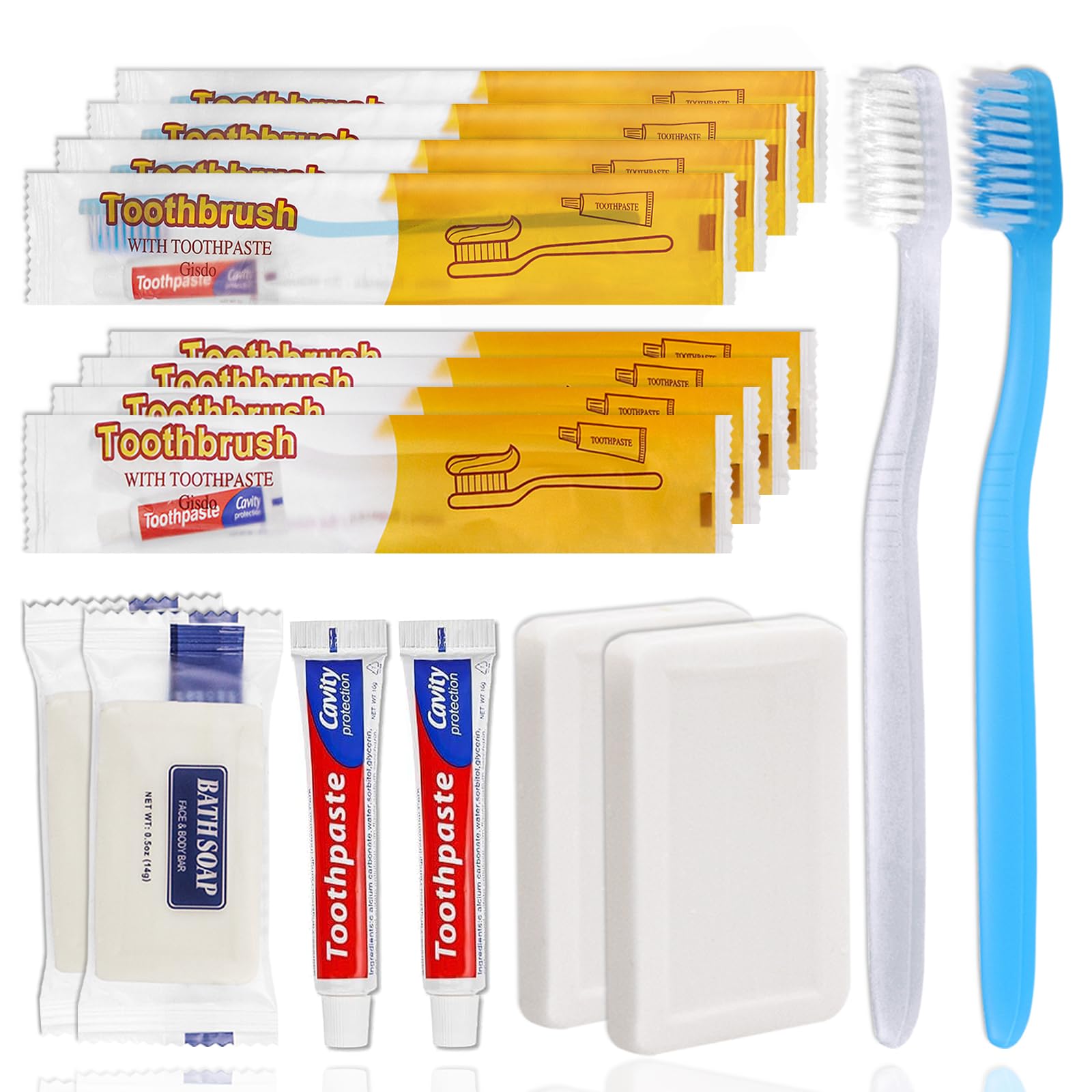 100 Pack Disposable Toothbrushes with Toothpaste & Soap - Individually Wrapped Travel Toothbrushes (Blue/White) & 100 Mini Bar Soaps (0.5 oz) - Perfect for Hotels, Camping, Emergency Kits & Airplane Travel
