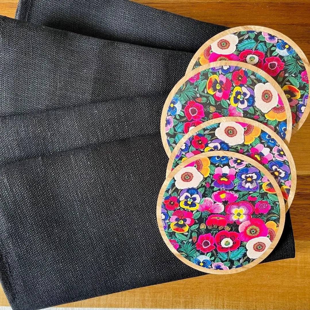 Pansies & Poppies Wooden Coasters Set with Napkins - 4-Piece Floral Coaster and Napkin Holder Set for Dining Table, Kitchen, Party Decor - Perfect for Home, Office, and Gift Giving
