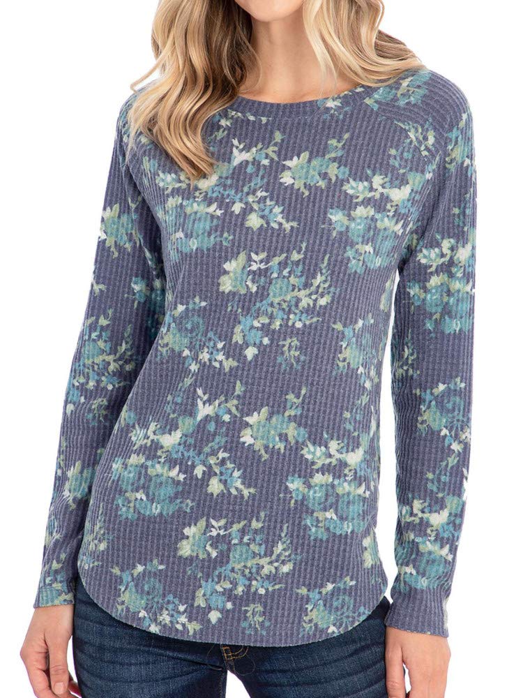 Peace and Pearls Women's Waffle Knit Tunic Top - Size Small, Blurred Floral Print | Casual Loungewear & Spring Layering Essential