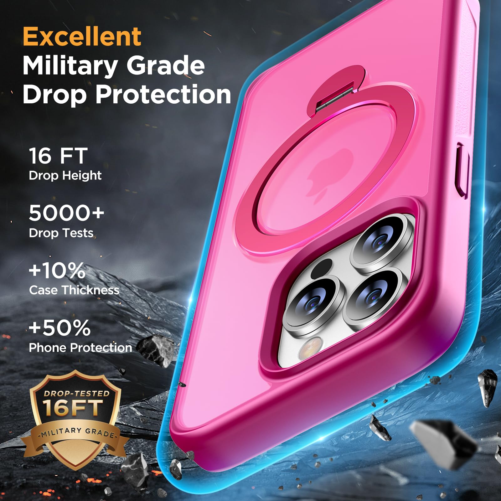 Miracase Magnetic Stand Case for iPhone 15 Pro Max - 360° Rotating MagSafe Compatible, Military-Grade Shockproof Protection, Matte Finish with Ring Holder (Pink) | Perfect for Work, Travel & Everyday Use