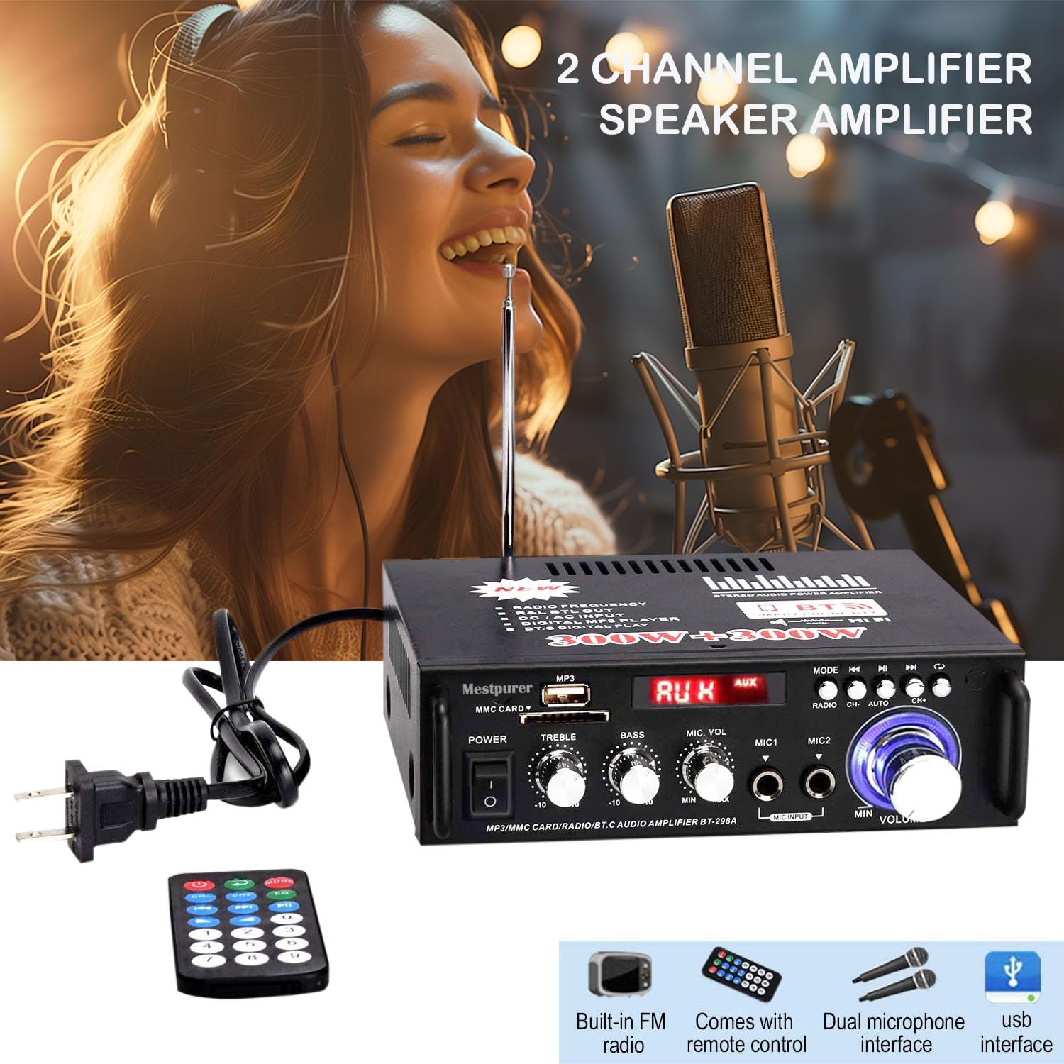 Stereo Power Amplifier with Wireless Bluetooth - 300Wx2 Dual Channel Audio Amp, LED Display, USB/SD/RCA/MIC/FM Receiver for Home Theater, Perfect for Living Room and Party Sound Systems