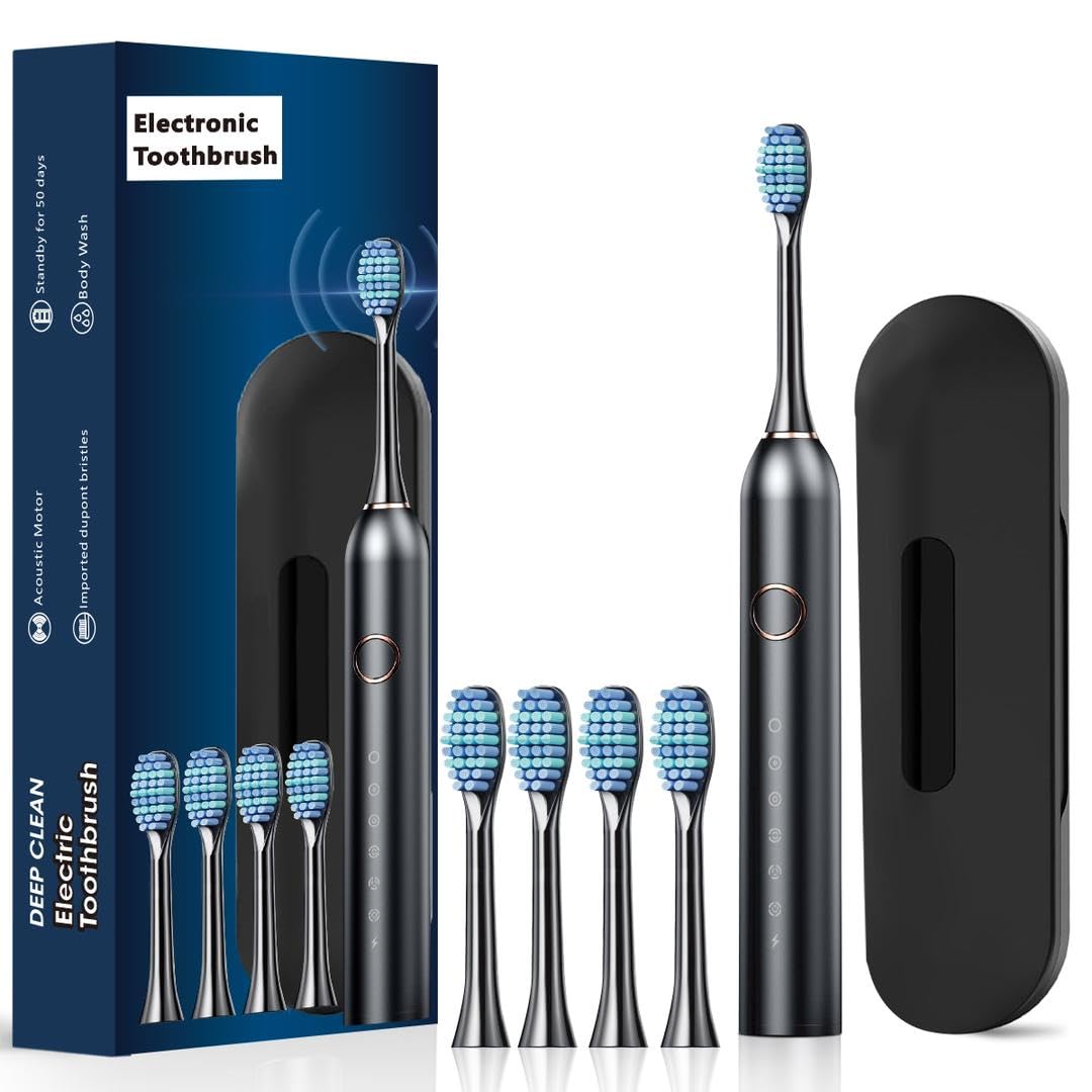 Ultra Whitening Rechargeable Electric Toothbrush with 8 Brush Heads & Travel Case - Waterproof, Wireless Charging, 5 Cleaning Modes - Perfect for Men & Women (Black) - Ideal for Travel, Home & Daily Oral Care