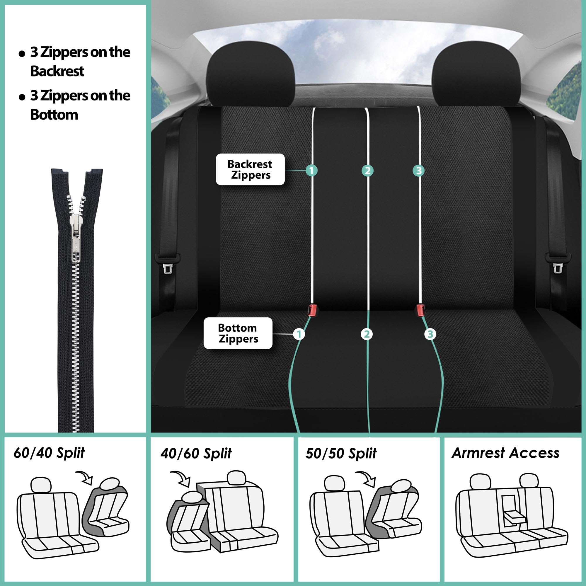 FH Group Full Set Universal Fit Car Seat Covers - Low Back Front & Split Bench Rear Seat Covers | Airbag Compatible, Washable Fabric | Perfect for SUV, Sedan, Van (Black) | Protect Your Seats from Wear, Spills & Pets