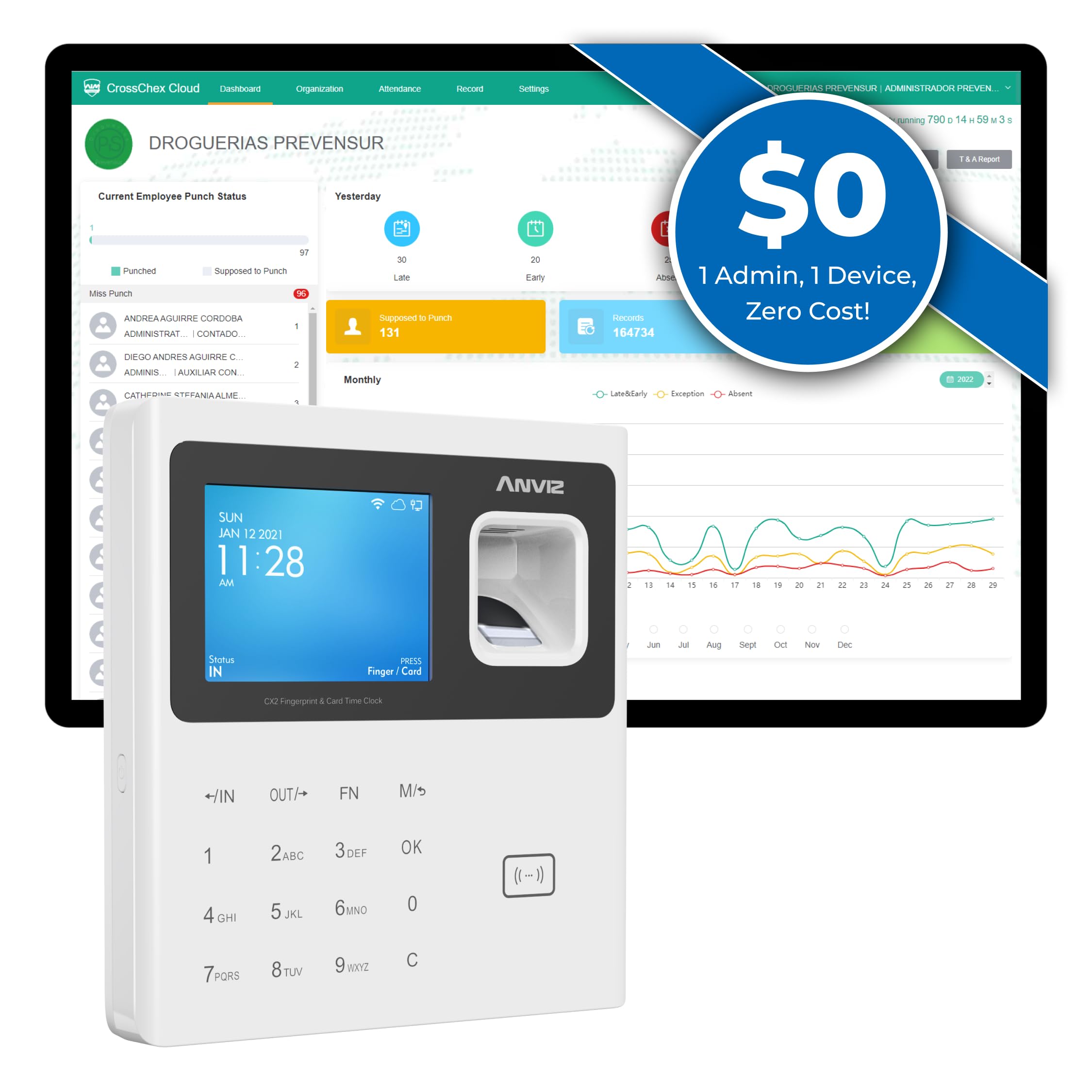 ANVIZ CX2 Fingerprint Time Clock for Small Business - Biometric Employee Attendance System with Free Cloud Software - Ideal for Offices, Retail Stores, and Restaurants (White)