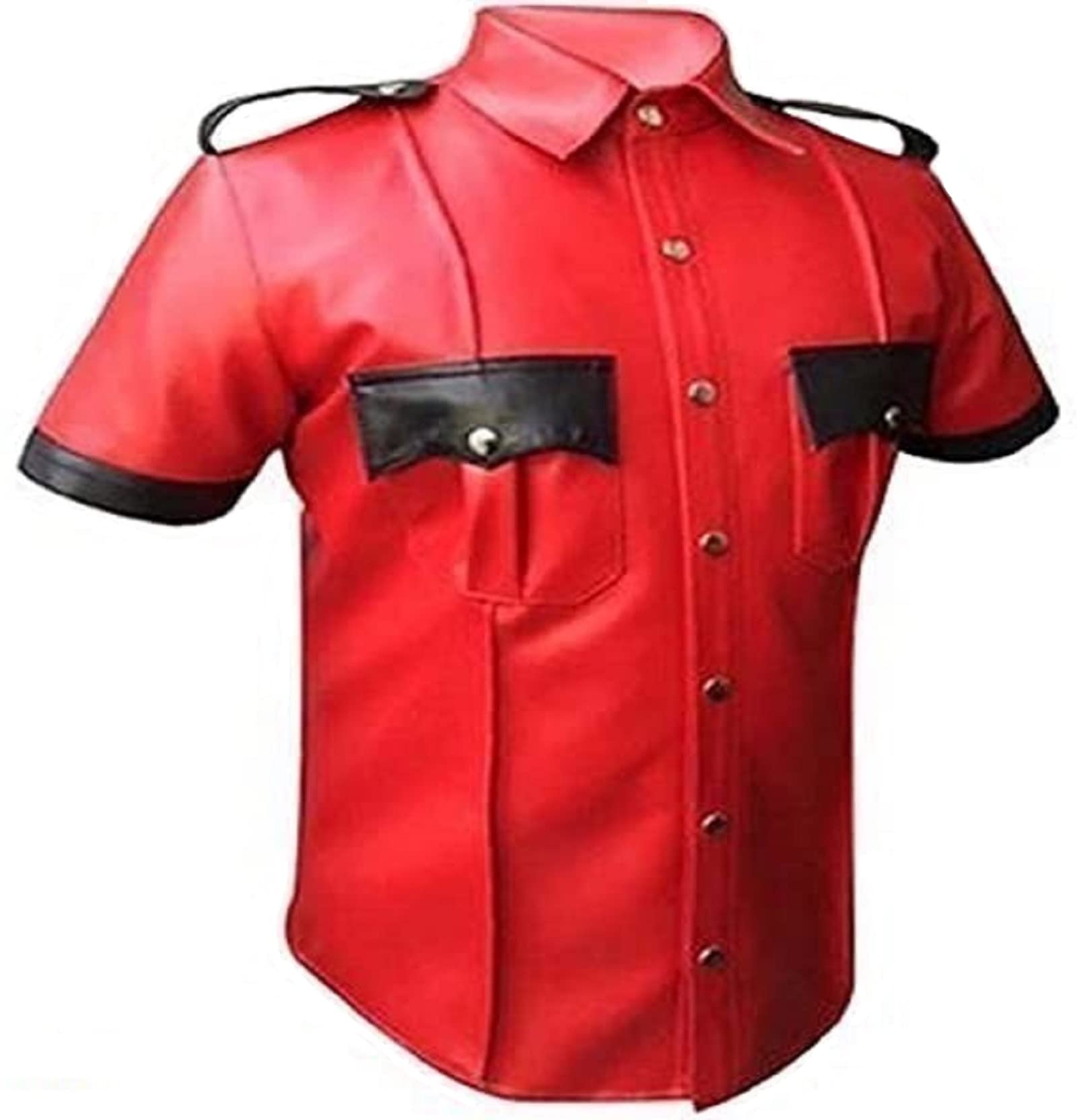 Genuine Cow & Sheep Leather Police Uniform Shirt for Men - BLUF Gay Leather Shirt - Premium Lamb Leather Top for Cosplay, Fetish & Nightlife