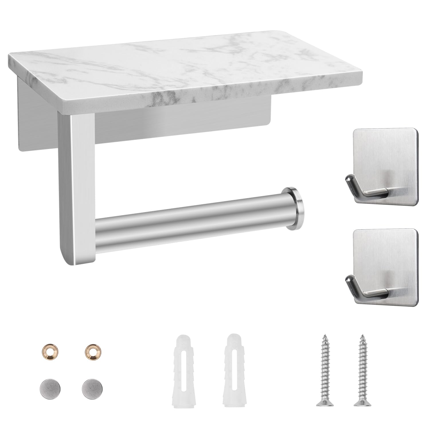 Marble Toilet Paper Holder with Shelf - SUS304 Stainless Steel Wall Mounted Bathroom Tissue Holder - Includes 2 Free Adhesive Hooks - Brushed Nickel Finish - Perfect for Modern Bathrooms & Powder Rooms