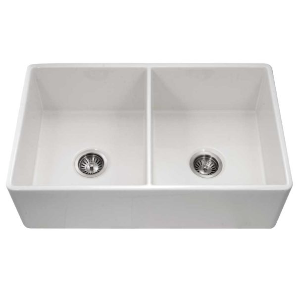 Hamat CHE 3320DHA WH White Apron Front Fireclay Double Bowl Kitchen Sink - Durable Farmhouse Sink for Modern Kitchens & Remodeling Projects