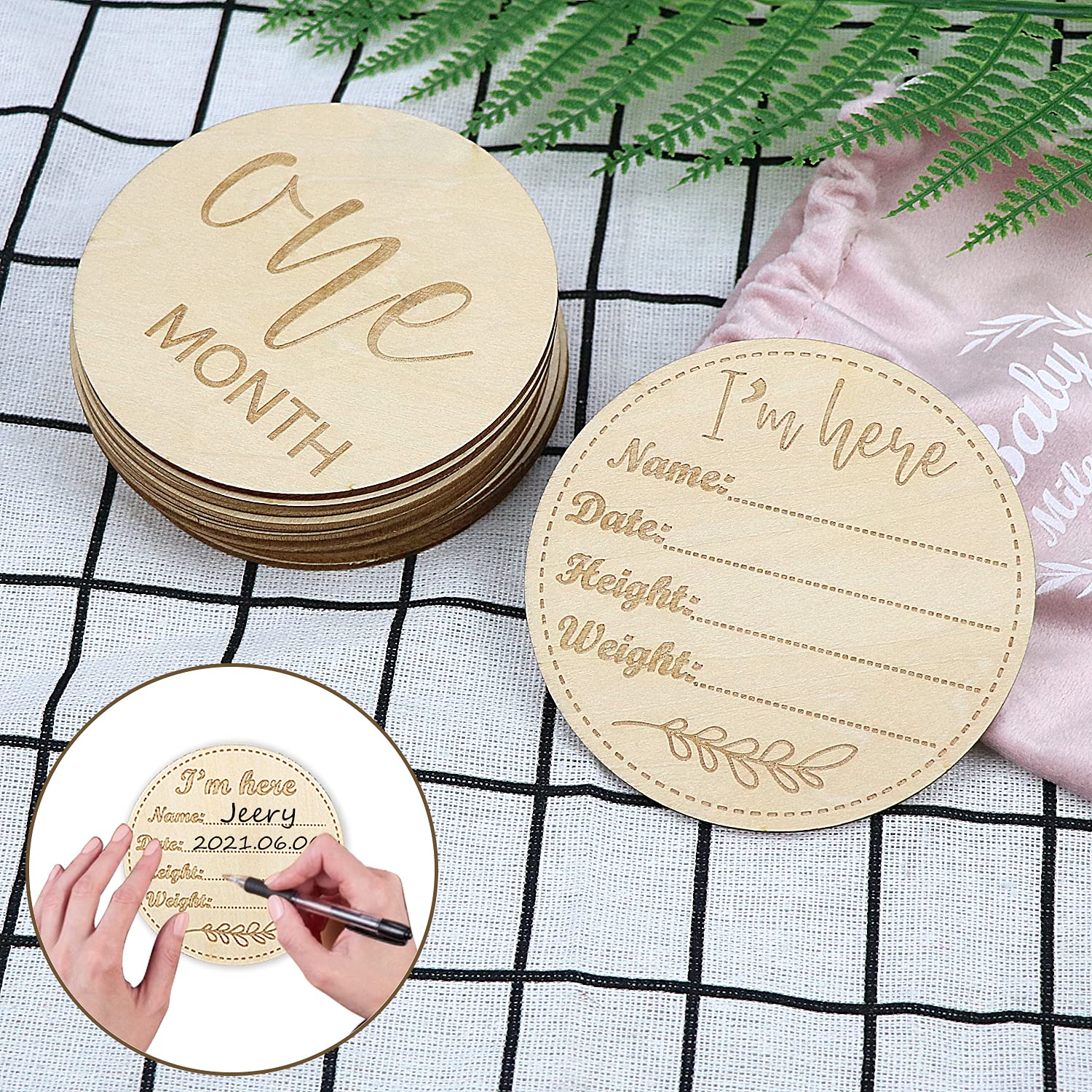 Wooden Baby Milestone Cards - Double Sided Engraved Monthly Photo Prop Discs for Newborns | Perfect Baby Shower Gift Set with Velvet Bag | Capture First Year Memories & Monthly Growth (Round Style 2)