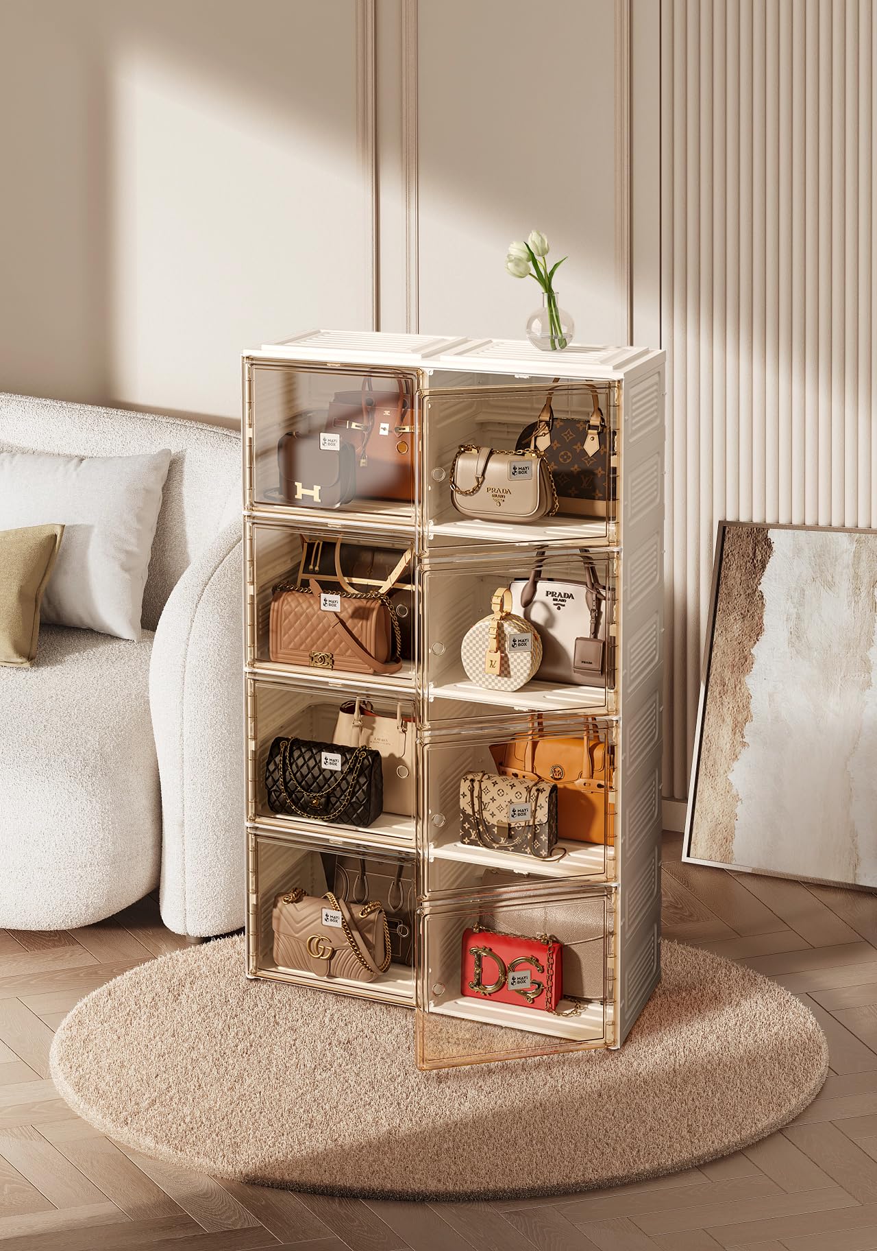 Mayi Box 8-Cubby Handbag & Shoe Storage Organizer with Magnetic Doors & Wheels - Perfect for Closet, Bedroom & Entryway Organization (Black)