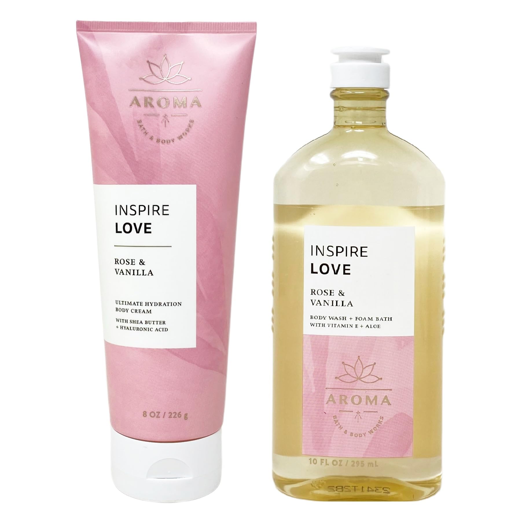 Aroma Inspire Love Rose & Vanilla Body Cream, Body Wash & Foam Bath Gift Set - Full Size Luxurious Skincare Duo for Women - Perfect for Relaxing Baths, Spa Days & Romantic Gifts