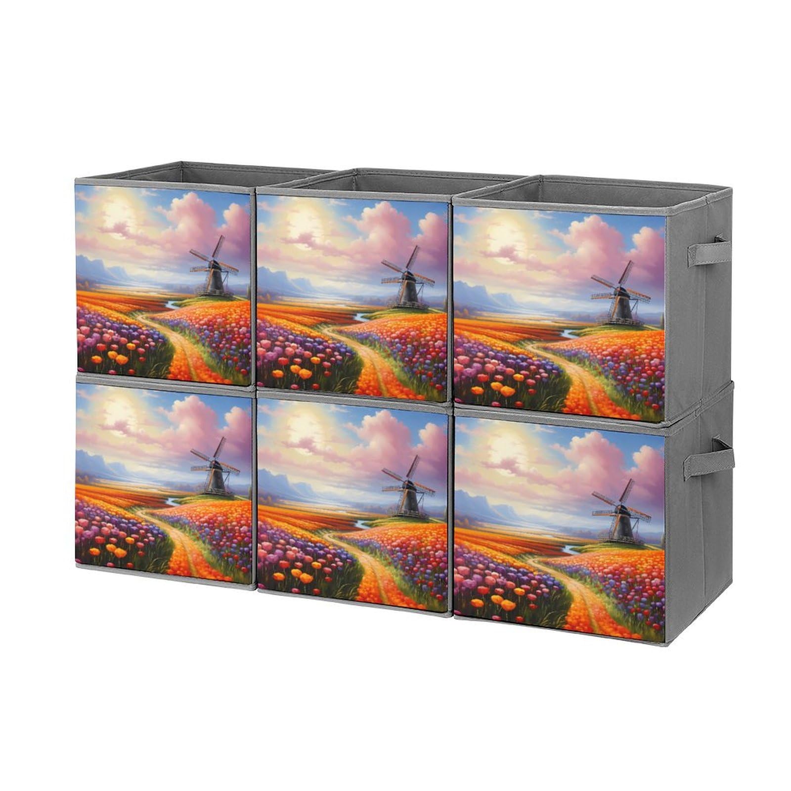 Dutch Windmills Tulips Foldable Storage Cubes - 6 Pack Collapsible Fabric Bins with Handles for Home, Office, Nursery & Closet Organization - Stylish Square Storage Baskets for Toys, Books & Laundry