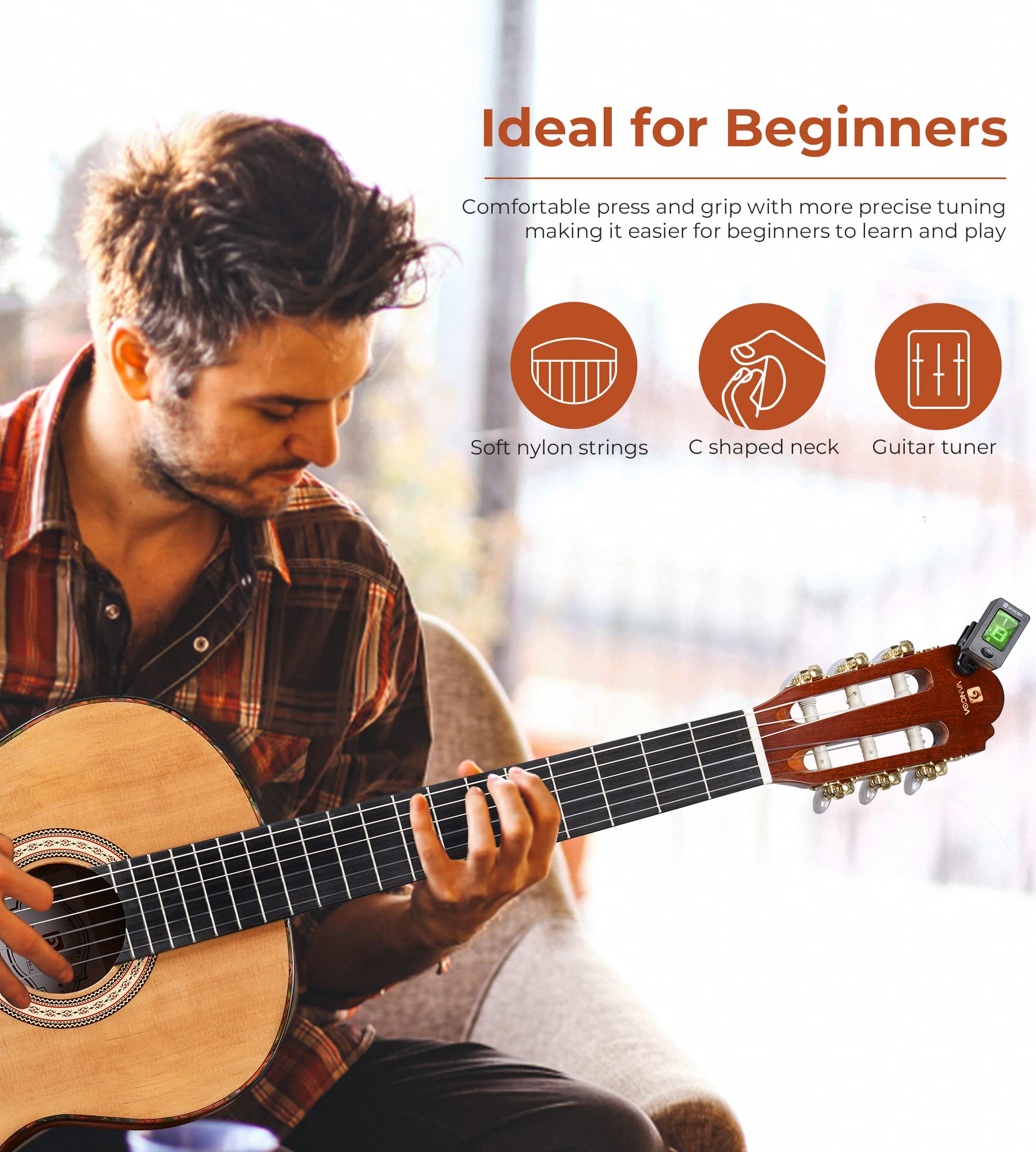 Vangoa 39 Inch Full Size 4/4 Spanish Style Classical Guitar with Solid Cedar Top & Nylon Strings - Perfect for Beginner Adults | Ideal for Music Lessons, Home Practice & Live Performances