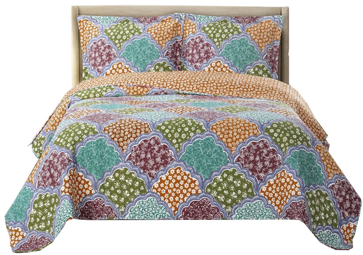 7-Piece Full Size Dahlia Printed Quilted Bedspread Set - Wrinkle-Free Microfiber Bedding Includes 3-Piece Coverlet Set & 4-Piece Sheet Set - Perfect for Guest Rooms, Master Bedrooms & Cozy Home Decor