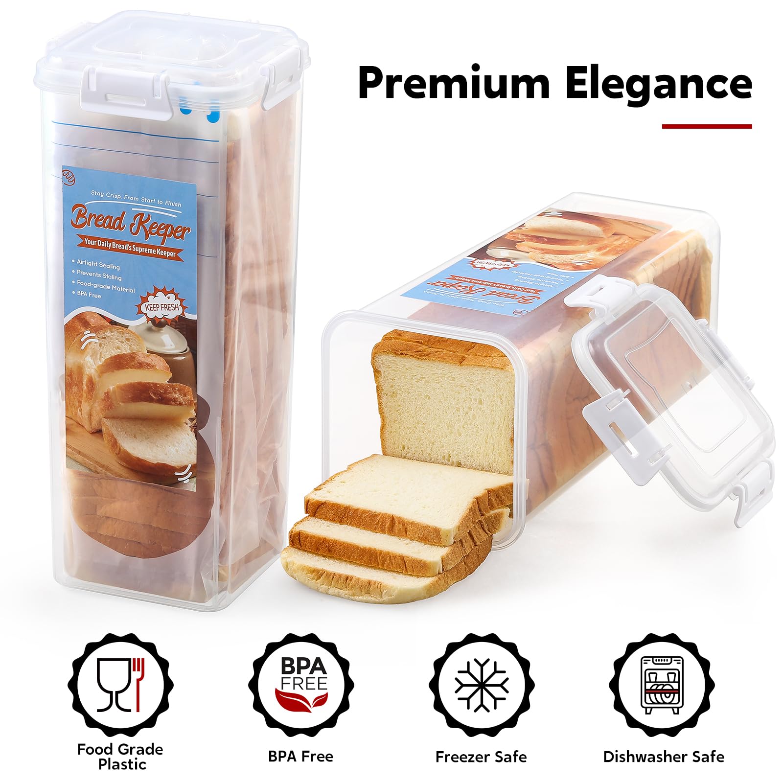 AOZITA 2-Pack Airtight Bread Storage Containers with White Lids - Plastic Sandwich & Loaf Bread Keepers for Freshness - Perfect for Kitchen Countertop, Pantry Organization & Bakery Storage