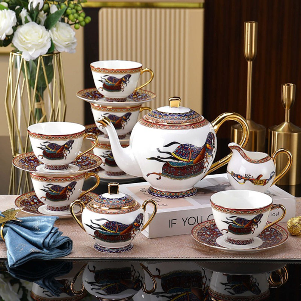 Elegant British Bone China Horse Tea Set - 16-Piece Porcelain Tea Service for Afternoon Tea, Gifts & Collectibles - Perfect for Bridal Showers, High Tea Parties & Home Decor