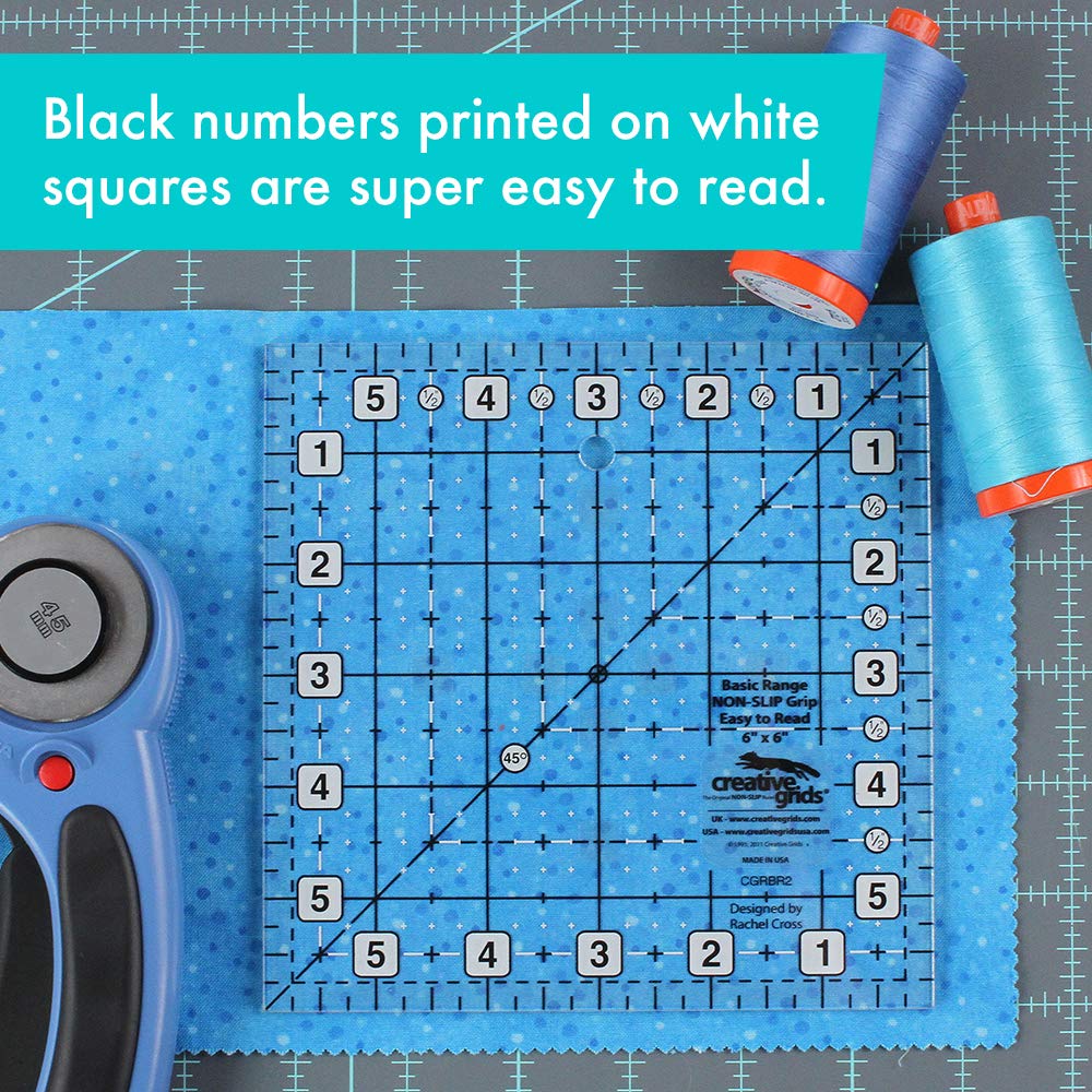 Creative Grids CGRBR2 6-Inch Square Quilt Ruler - Non-Slip Measuring Tool for Patchwork, Sewing & Quilting Projects - Perfect for DIY Crafting and Fabric Cutting