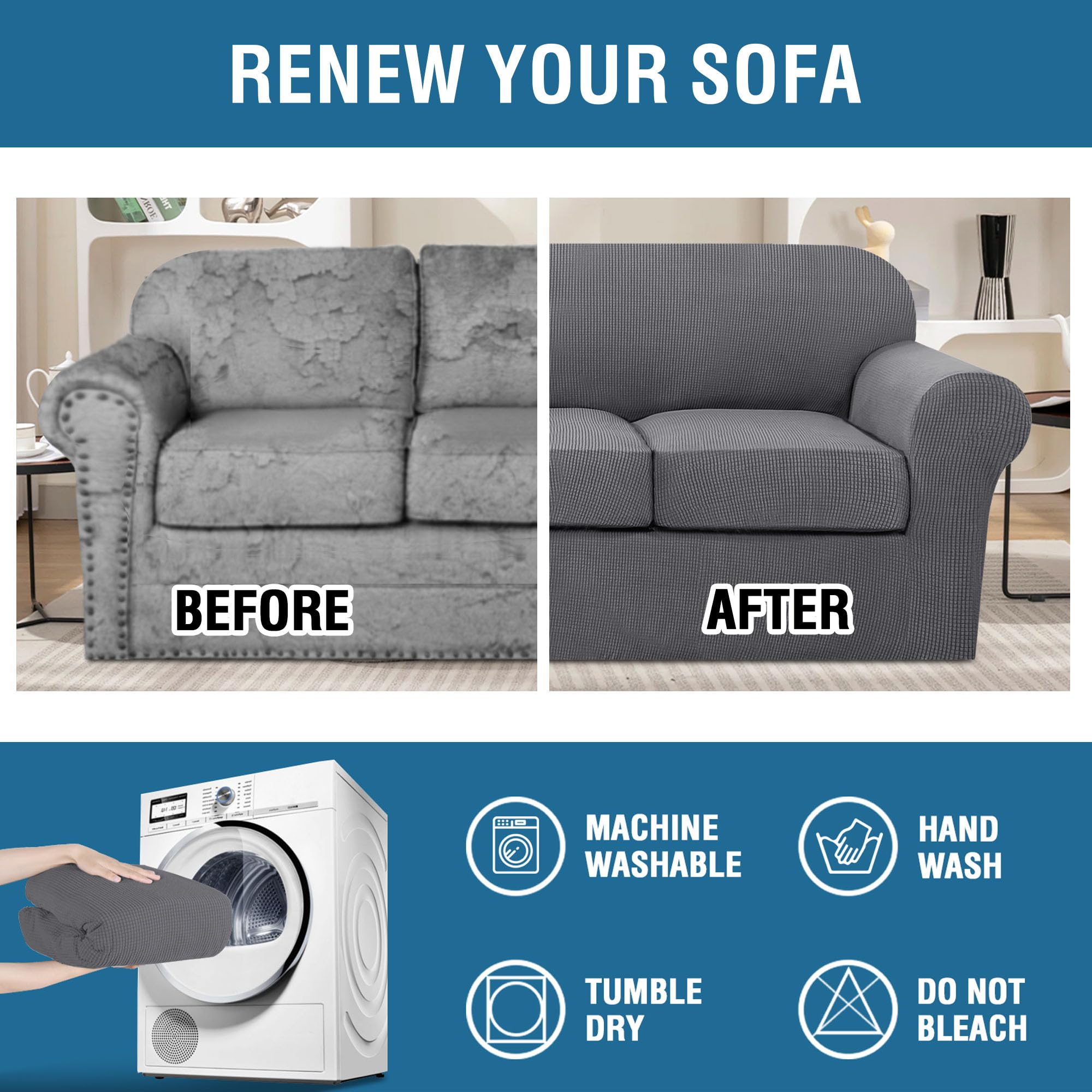 H.VERSAILTEX 4-Piece Stretch Sofa Cover Set - Jacquard Fabric Couch Covers for 3-Cushion Sofa & 2-Cushion Loveseat, Thick Grey Furniture Protector - Perfect for Living Room, Family Room & Pet-Friendly Homes