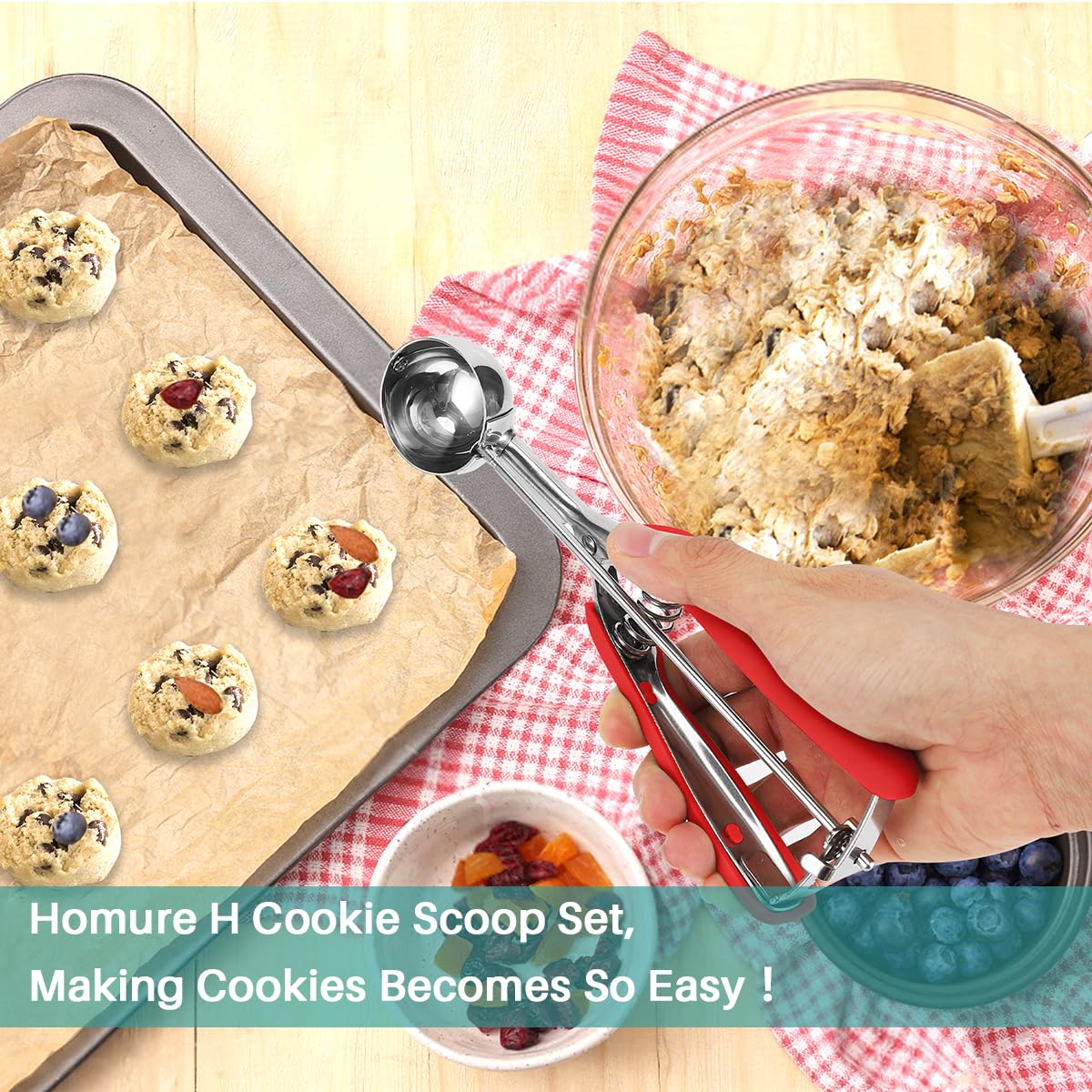 2 Tbsp Cookie Scoop with Red Handle - Spring-Loaded 18/8 Stainless Steel Scooper for Perfect Cookies, Cupcakes, Muffins & Meatballs - Comfortable Grip for Baking, Ice Cream & Meal Prep