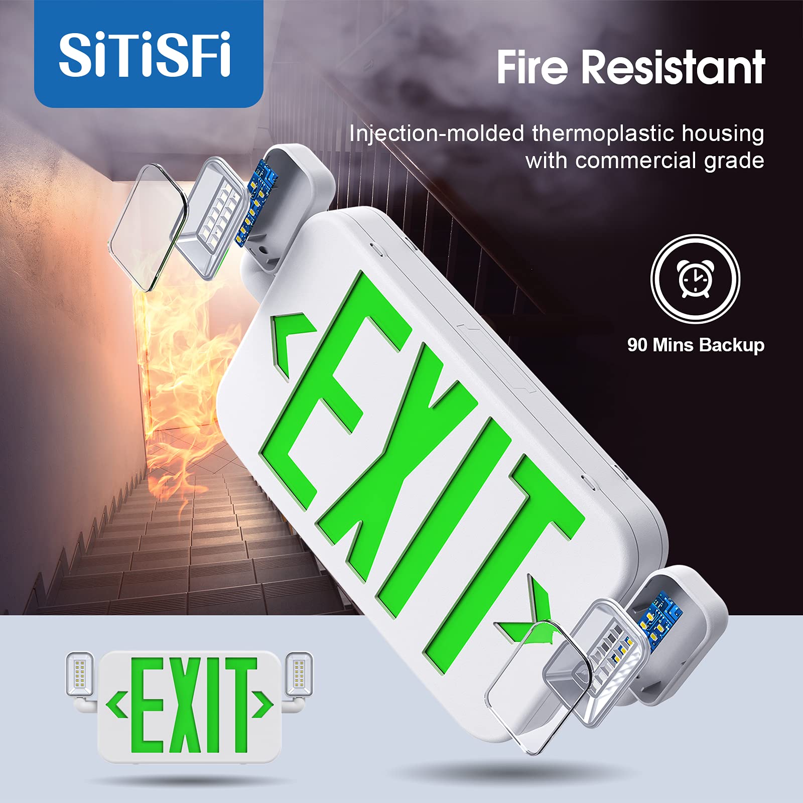 UL 924 Certified LED Emergency Exit Sign Light with Adjustable Heads & Backup Battery - 120/277V Green Commercial Exit Lighting (4-Pack) - Ideal for Offices, Warehouses, Schools and Public Buildings Safety Compliance