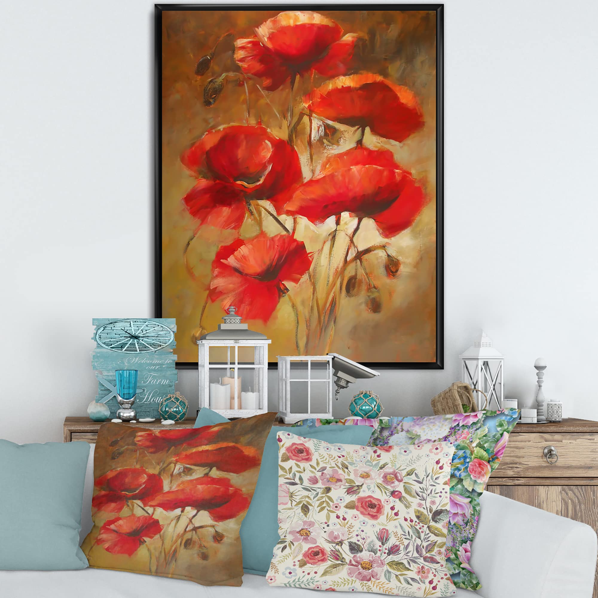 DesignQ Red Blossoming Poppies IV - Traditional Framed Canvas Wall Art Print - Home & Office Decor, Living Room Wall Decor, Gift Idea