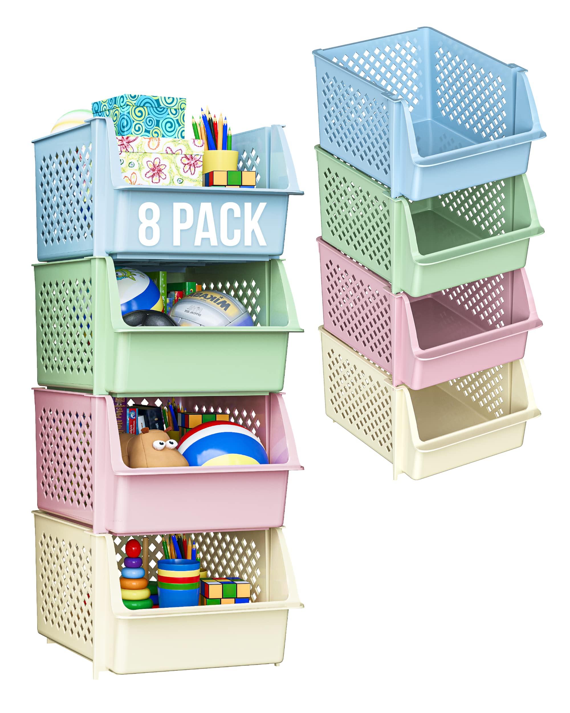 Skywin 8-Pack Stackable Plastic Storage Bins - Organize Pantry, Kitchen & Bathroom Essentials | Durable, Space-Saving Storage Containers for Food, Toiletries & Home Organization