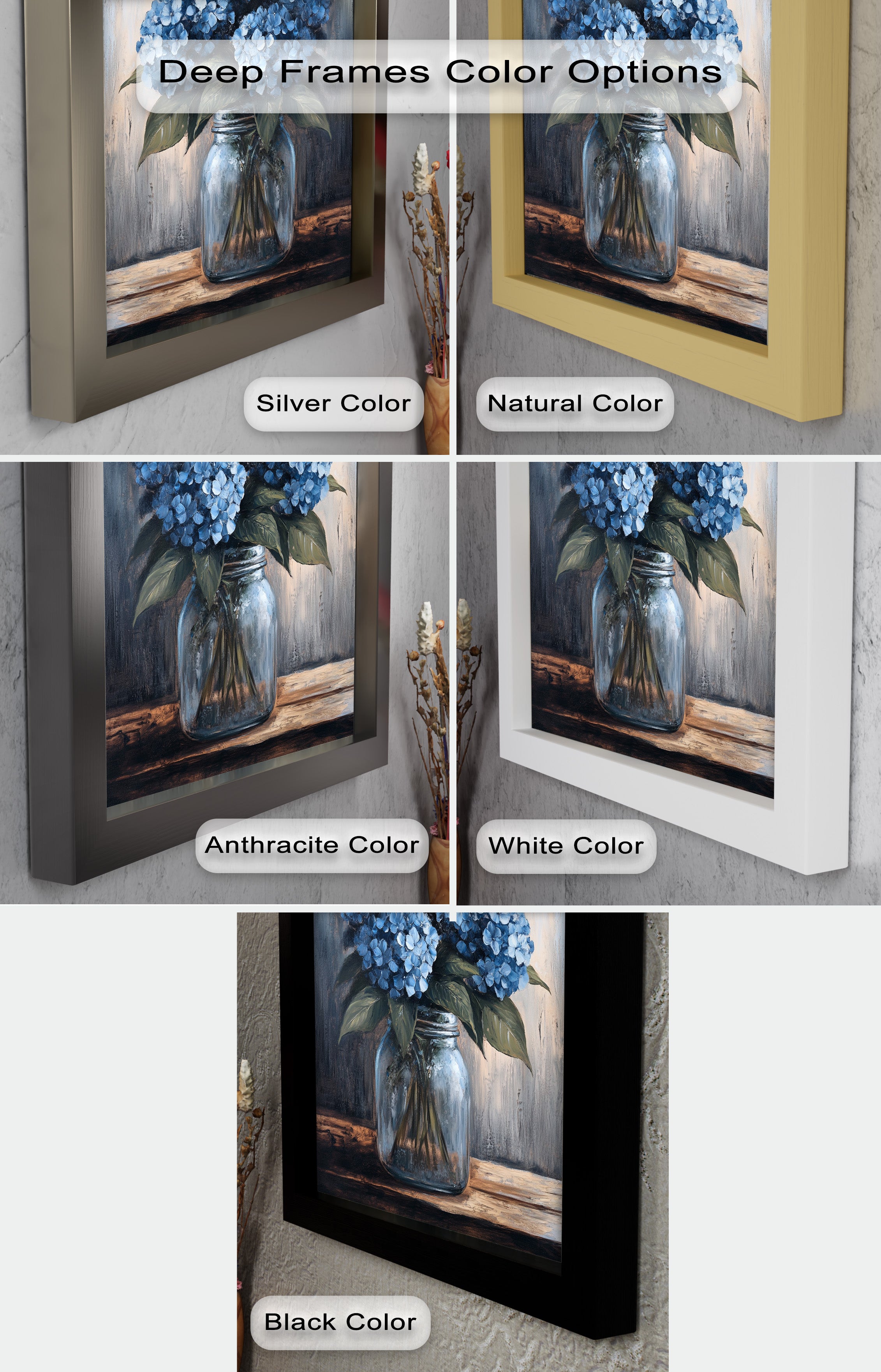 Blue Serenity Hydrangea Blooms in Mason Jar - Floral Oil Painting Wall Art for Home Decor, Living Room, Bedroom & Office | Handmade Canvas Artwork