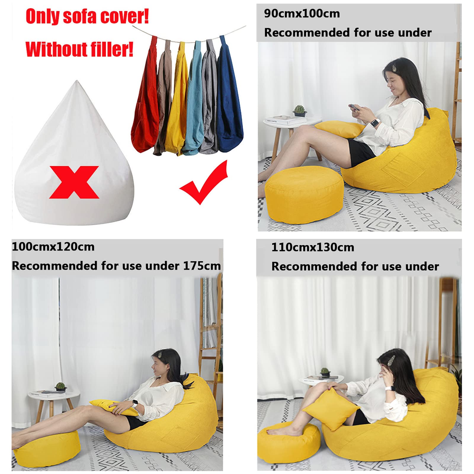 Premium Bean Bag Chair Cover (No Filler Included) - 110x130cm Soft Sofa Slipcover for Adults & Kids - Stuffed Animal Storage Organizer with Matching Footstool - Chrome Fabric - Perfect for Living Rooms, Dorms & Playrooms