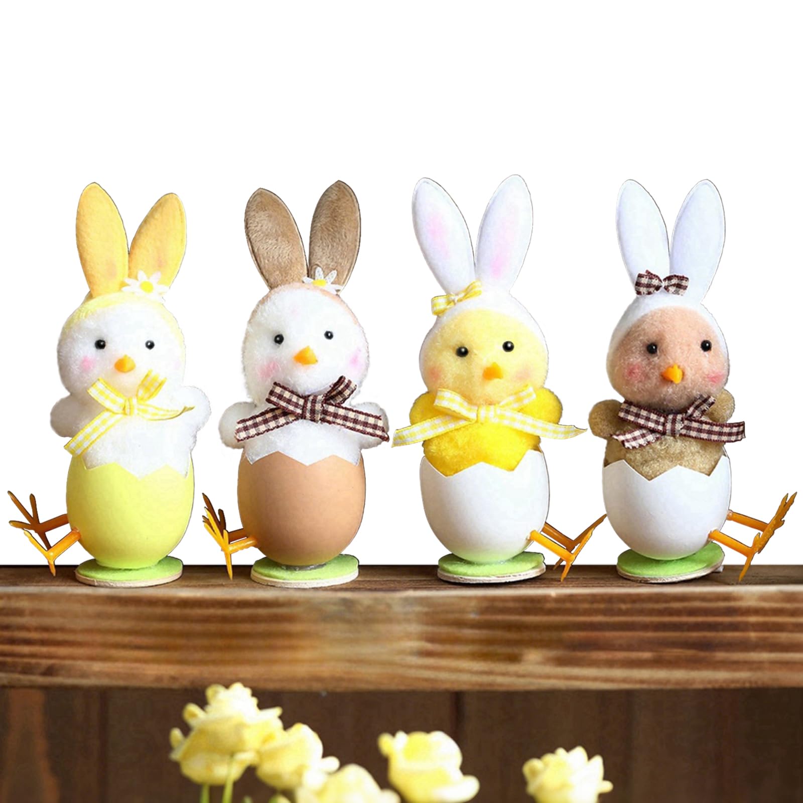 4-Pack Cute Plush Easter Chick Figurines with Bunny Ears - Spring Home Decor, Farm Chicken Theme Party Supplies for Easter Celebrations, Egg Hunts & Seasonal Table Centerpieces