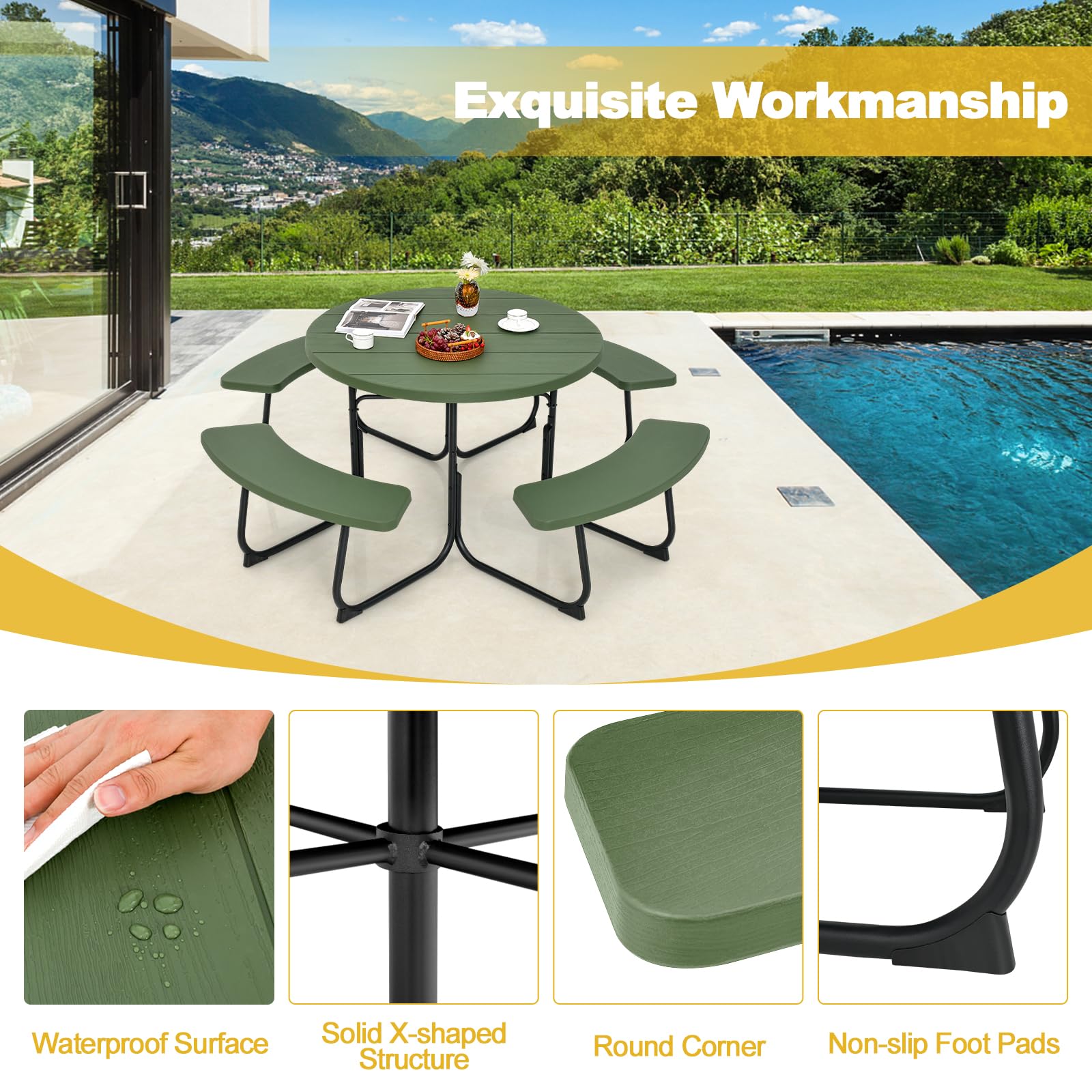 Tangkula 8-Person Outdoor Picnic Table Set with 4 Built-in Benches - Round Metal Frame & Durable HDPE Tabletop - Umbrella Hole Included - Perfect for Garden, Backyard, Patio, Park & Beach Gatherings (Green)