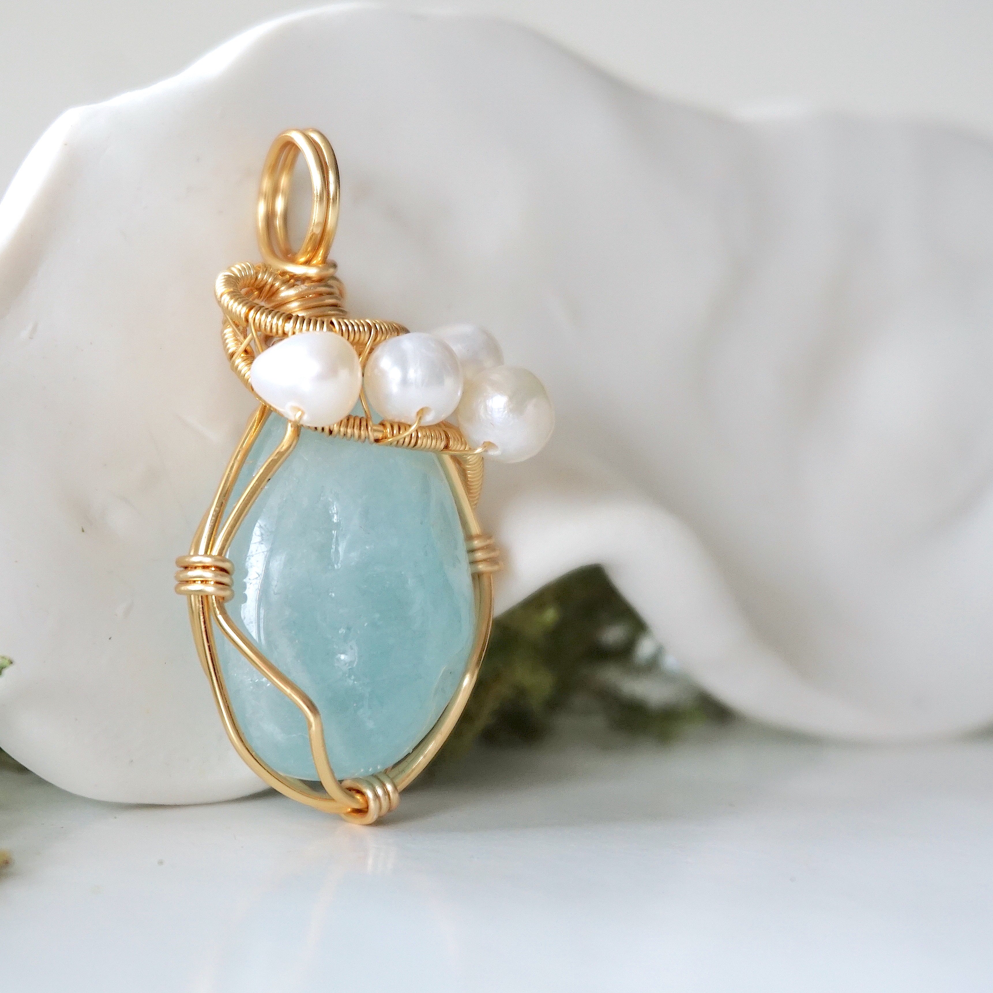 Elegant Aquamarine and Pearl Necklace - 14K Gold Plated Jewelry for Women | Perfect for Weddings, Anniversaries & Special Occasions
